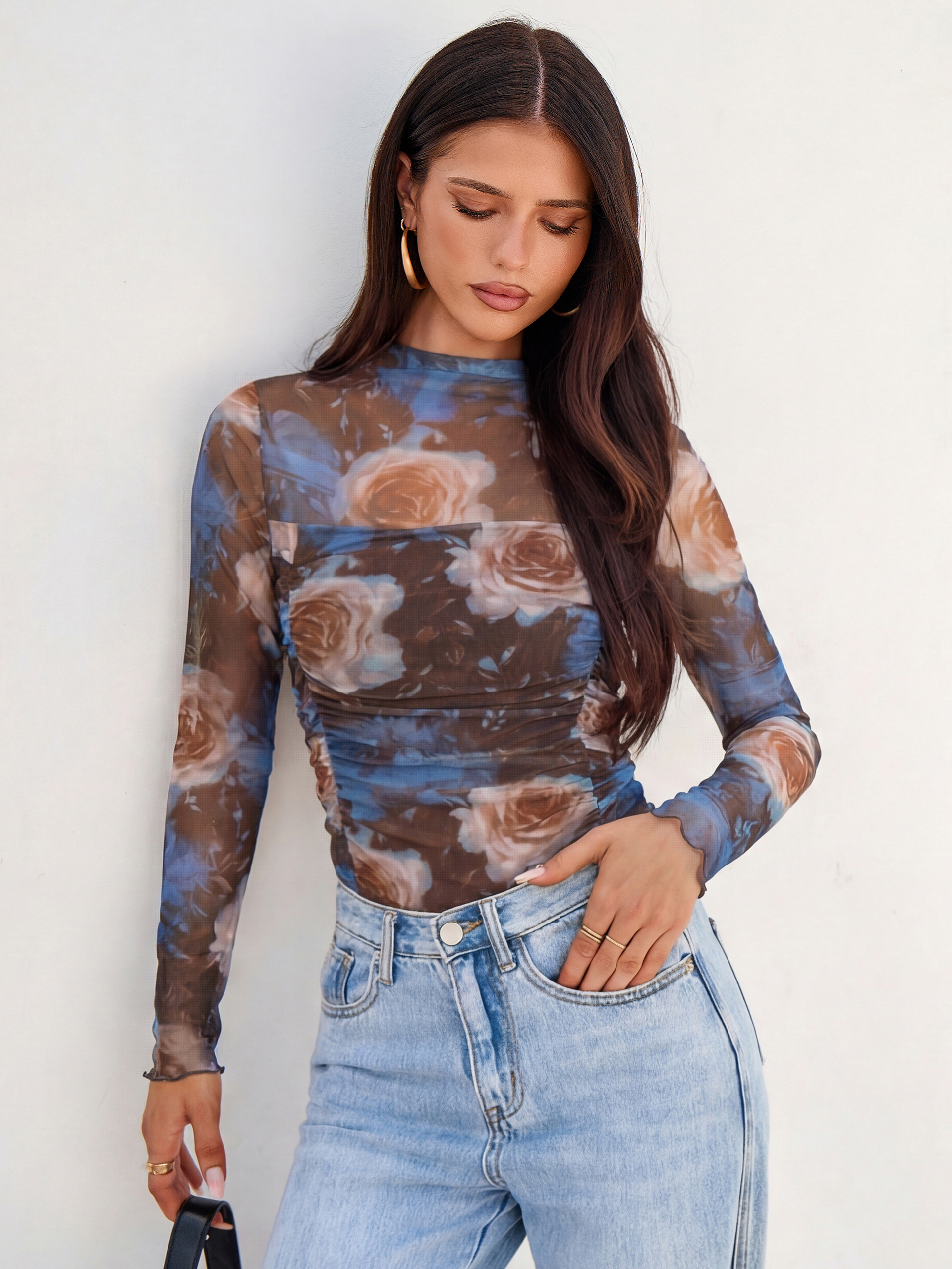 Floral Mock Neck Ruched Mesh Long Sleeve Top