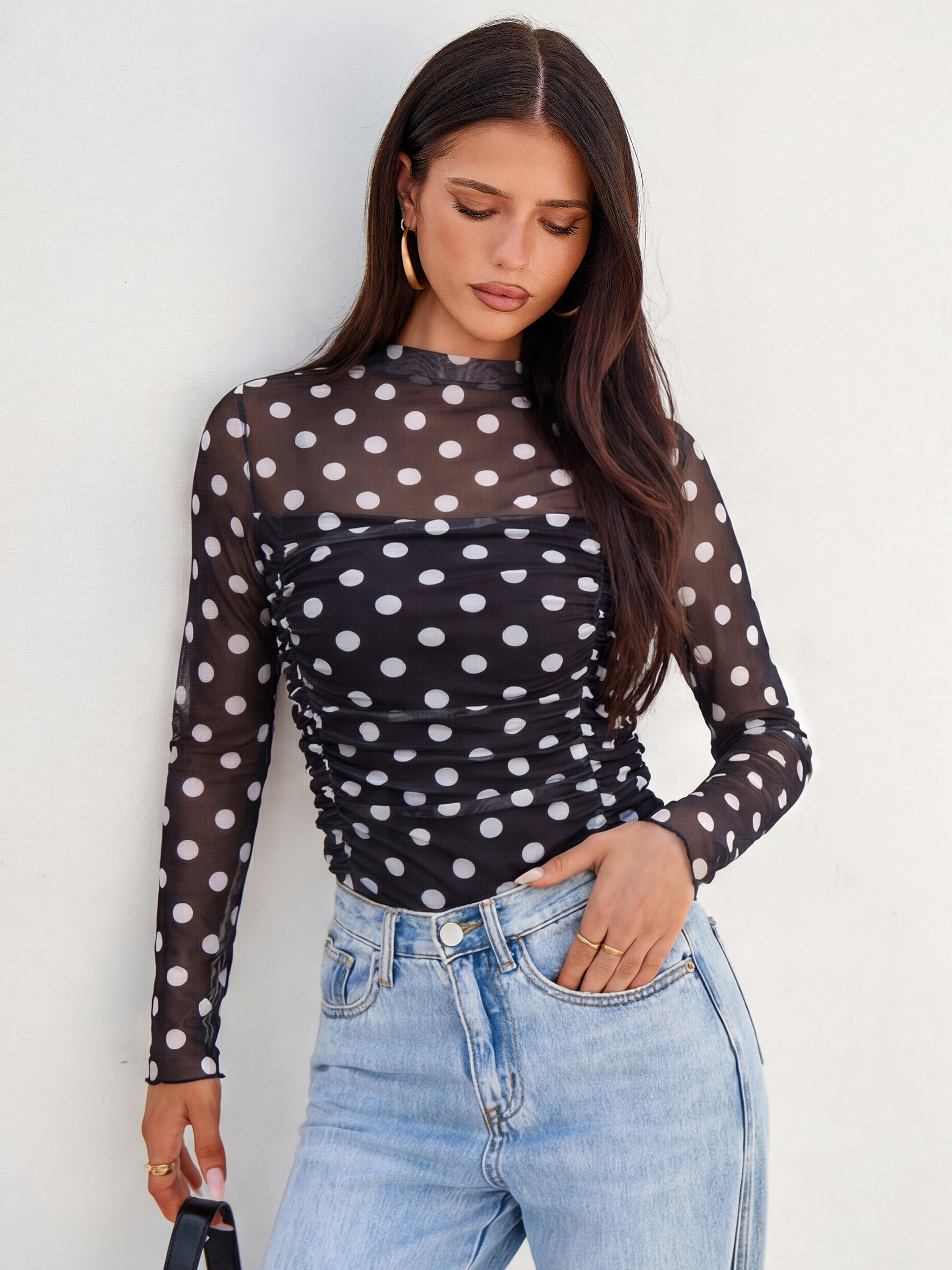 Polka Dot Mock Neck Ruched Mesh Long Sleeve Top