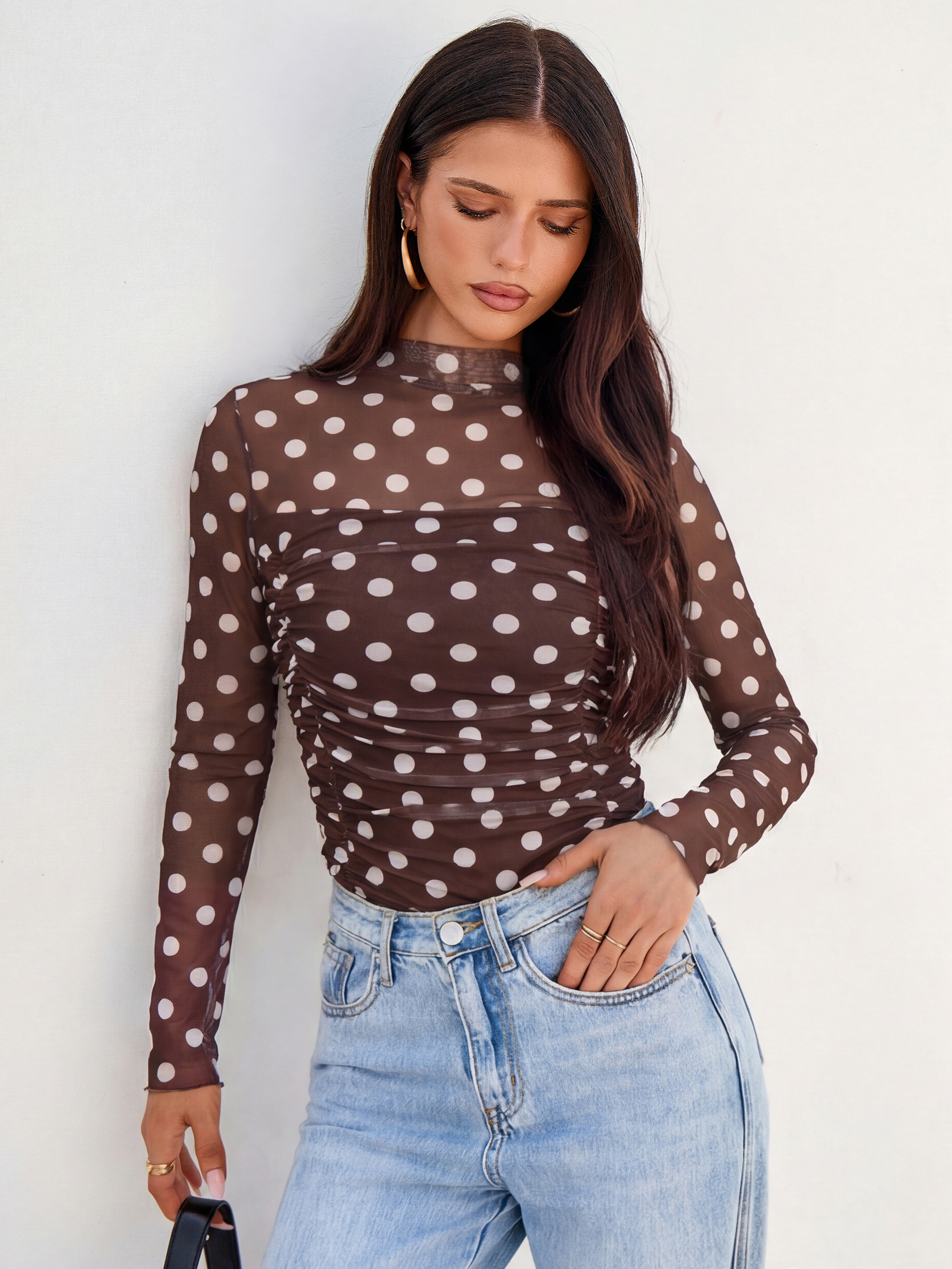 Polka Dot Mock Neck Ruched Mesh Long Sleeve Top
