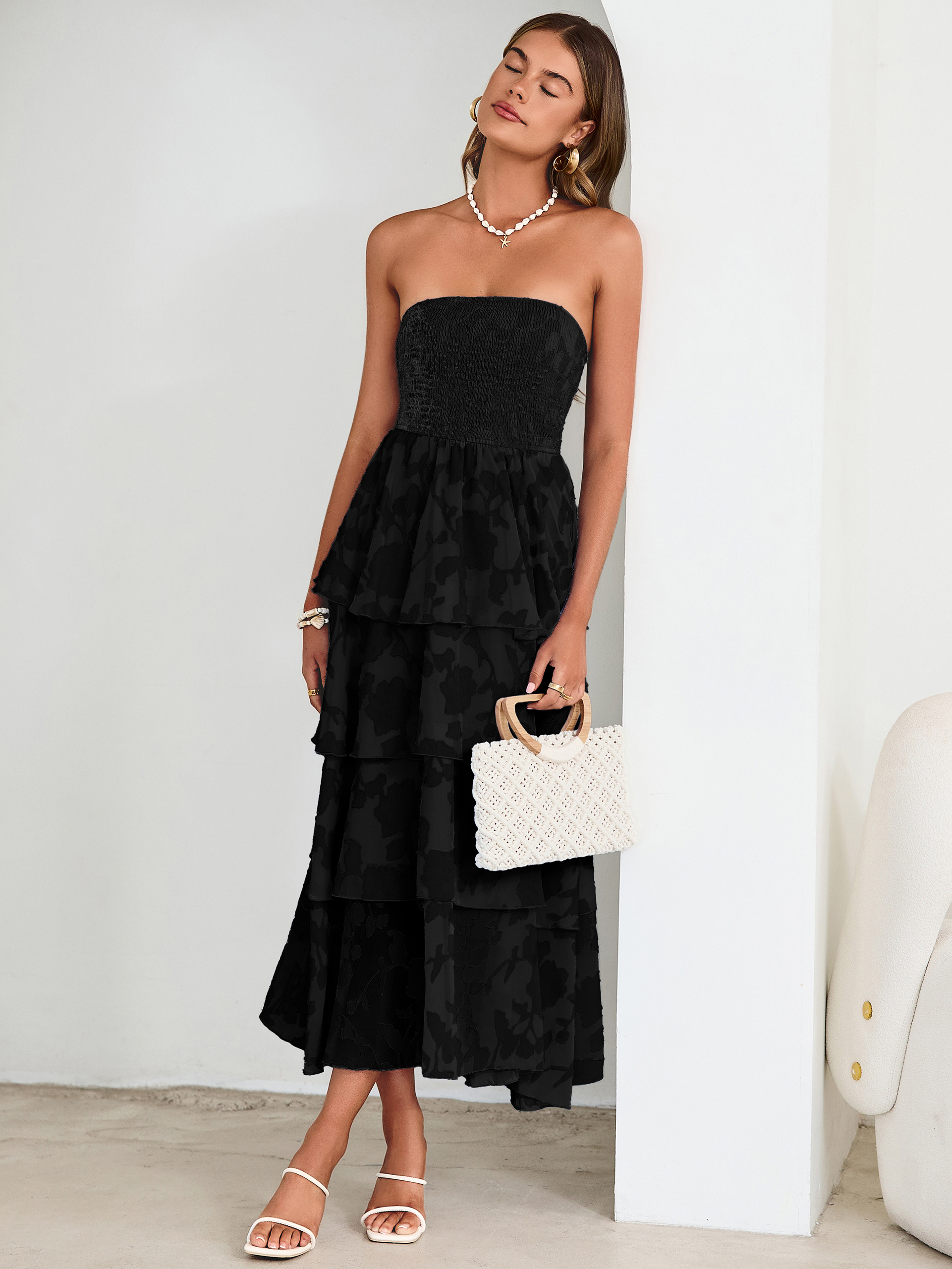 Floral Strapless Smocked Tiered Maxi Dress - Black