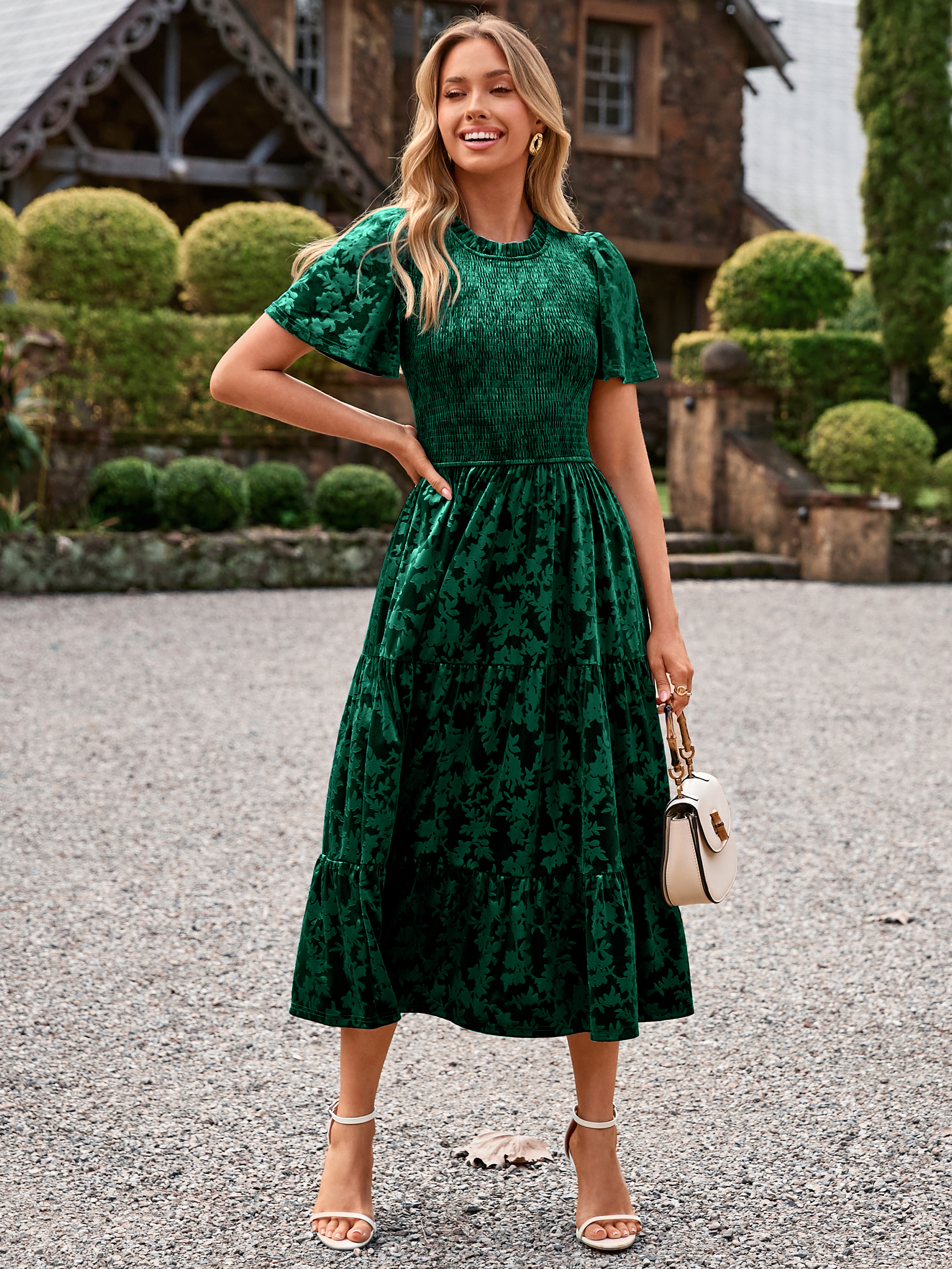 Ruffle Neck Smocked Velvet Floral Maxi Dress