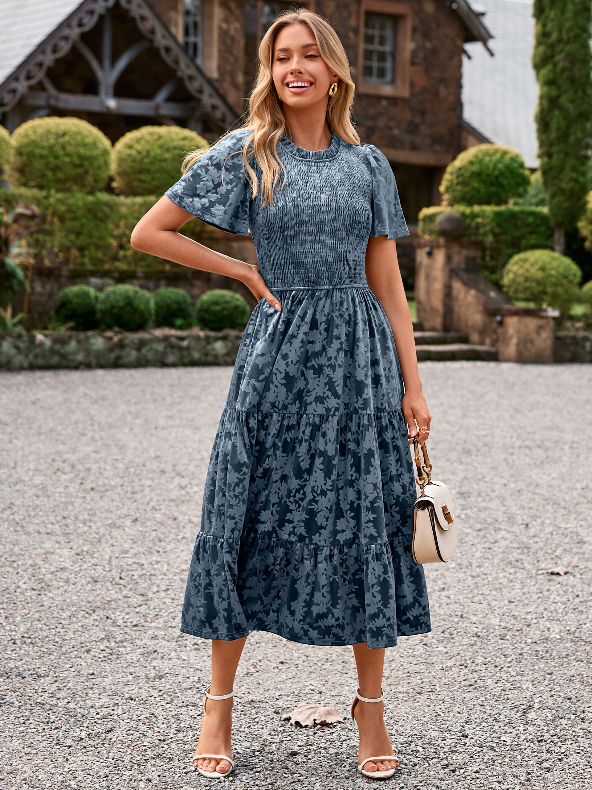 Ruffle Neck Smocked Velvet Floral Maxi Dress