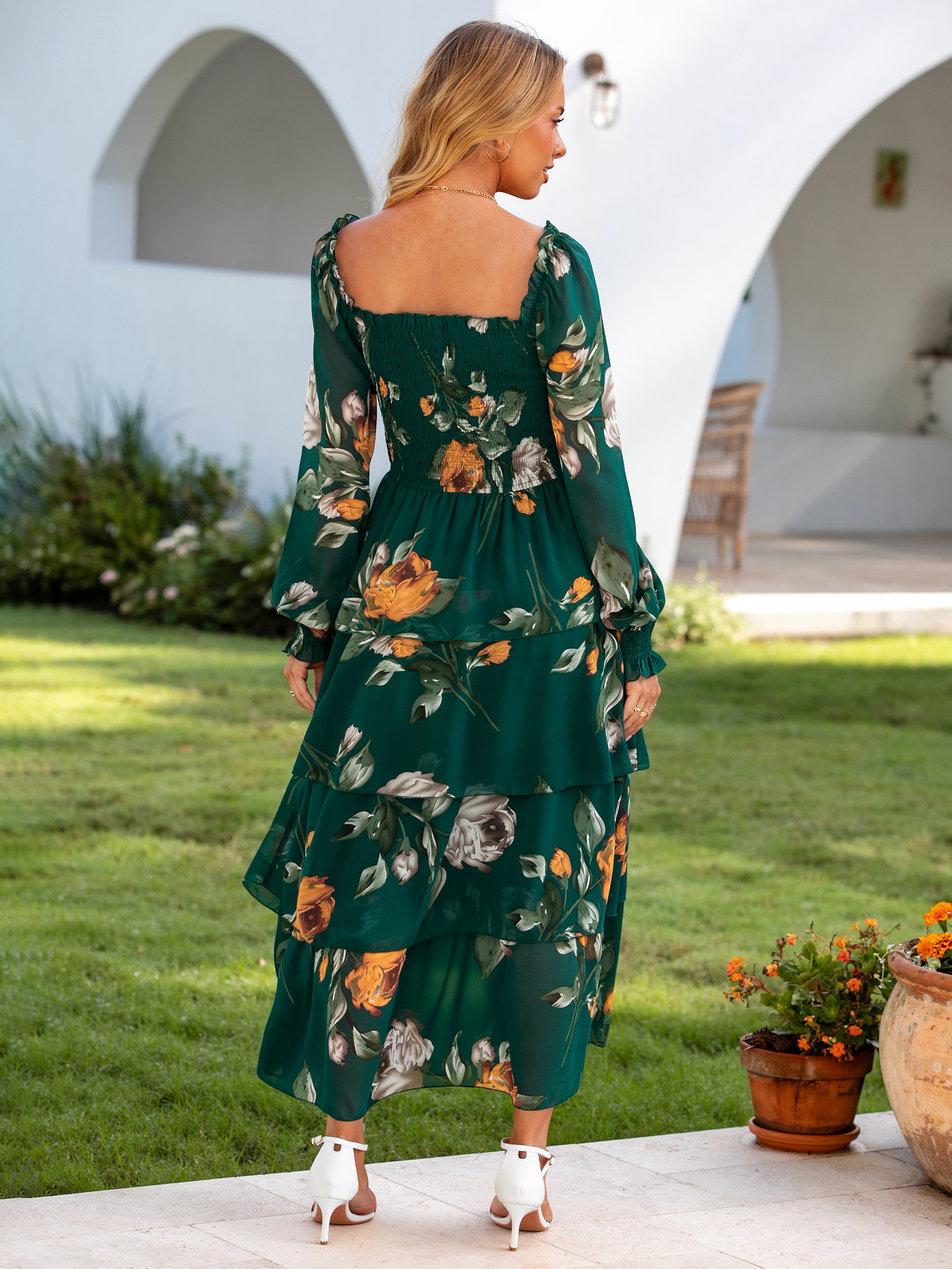 Floral Chiffon Tiered Smocked Wedding Guest Dress - Emerald Green