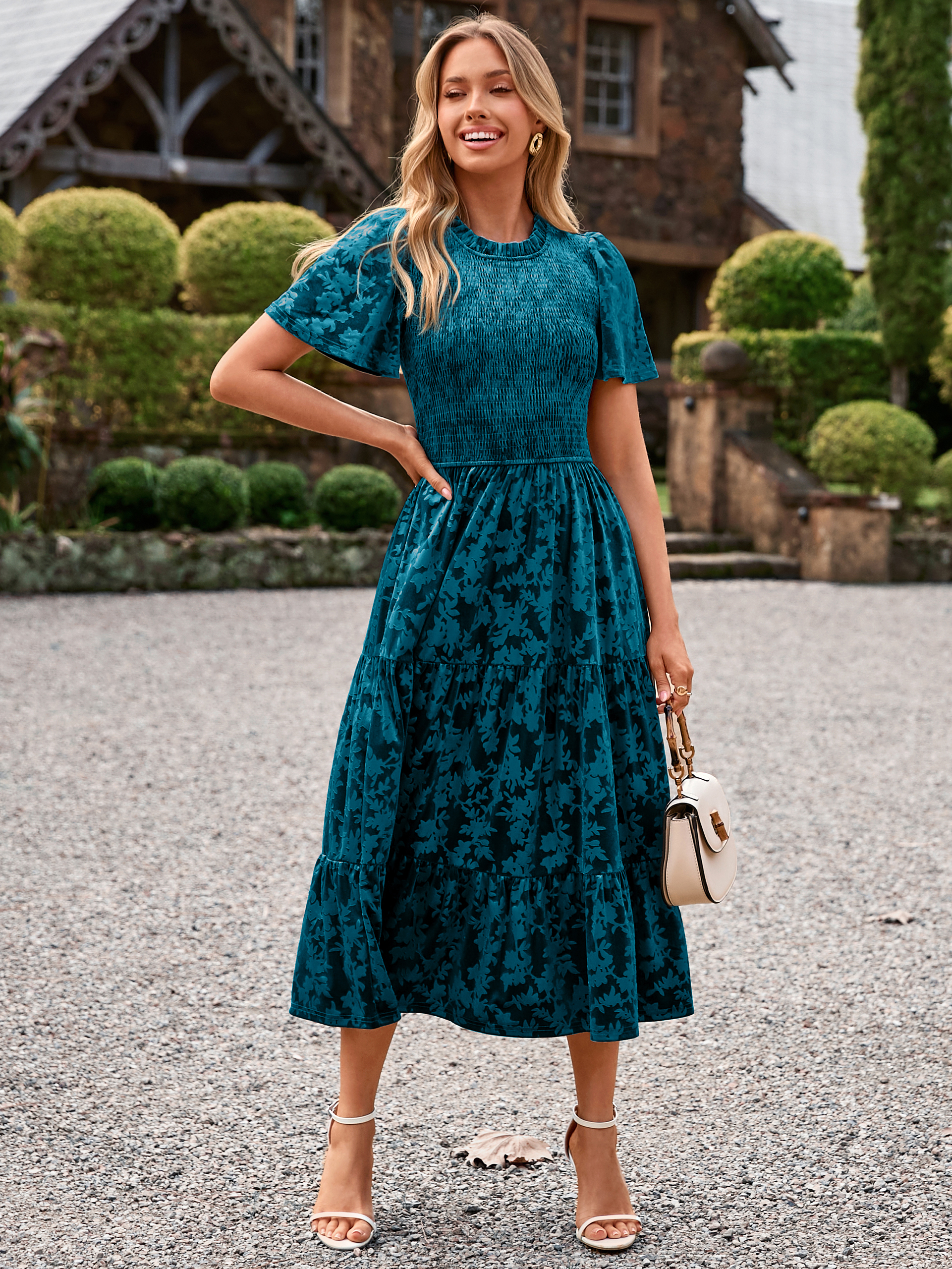 Ruffle Neck Smocked Velvet Floral Maxi Dress