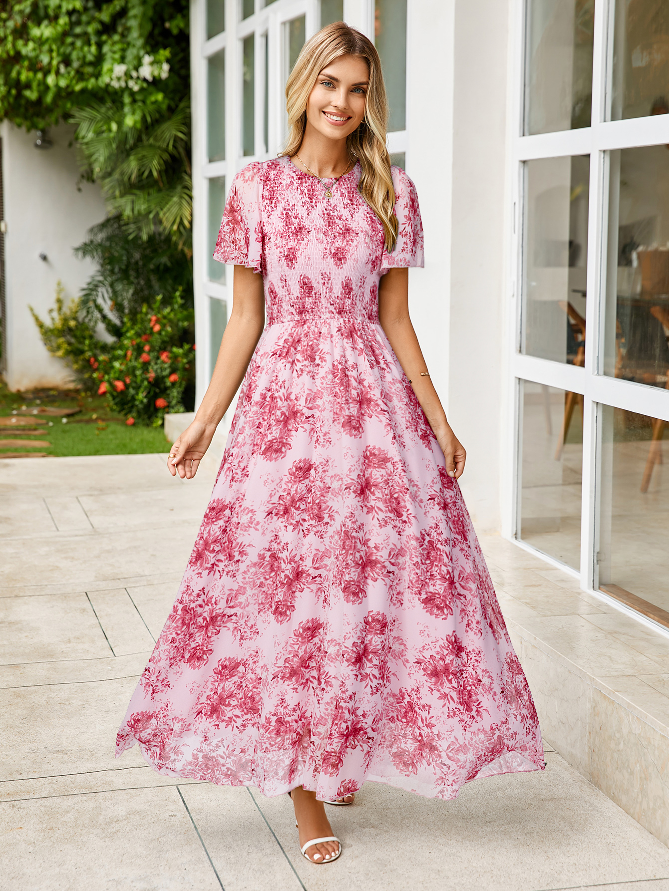 Chiffon Flutter Sleeve Smocked Floral Maxi Dress
