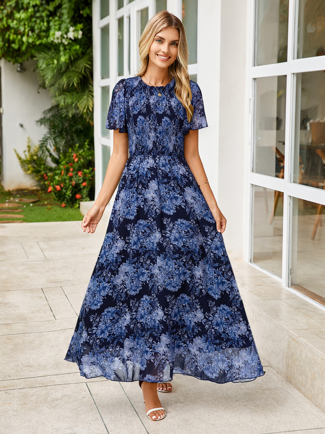 Chiffon Flutter Sleeve Smocked Floral Maxi Dress