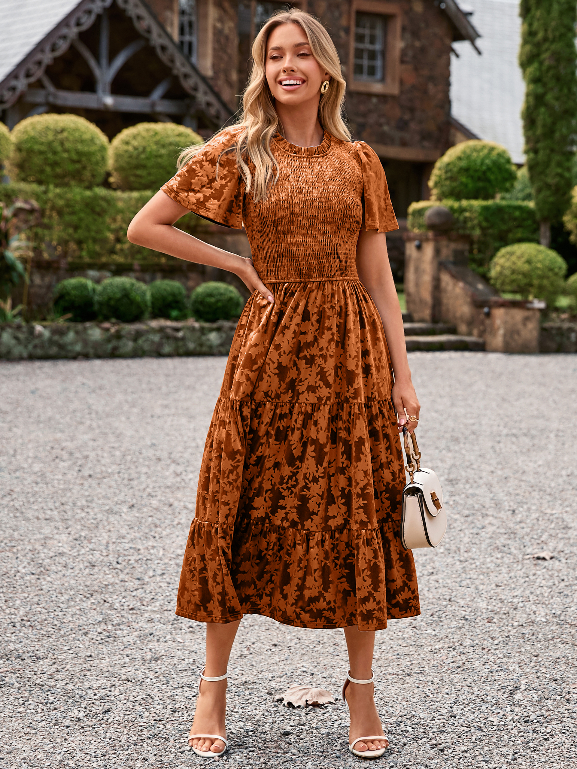 Ruffle Neck Smocked Velvet Floral Maxi Dress