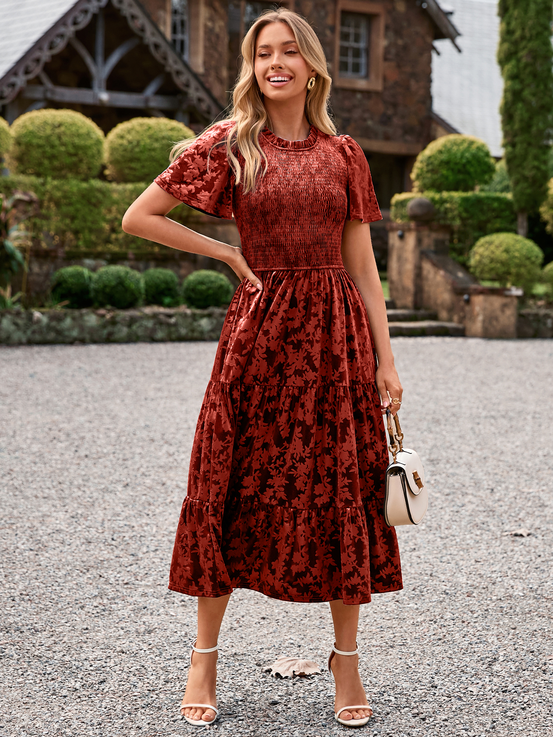 Ruffle Neck Smocked Velvet Floral Maxi Dress