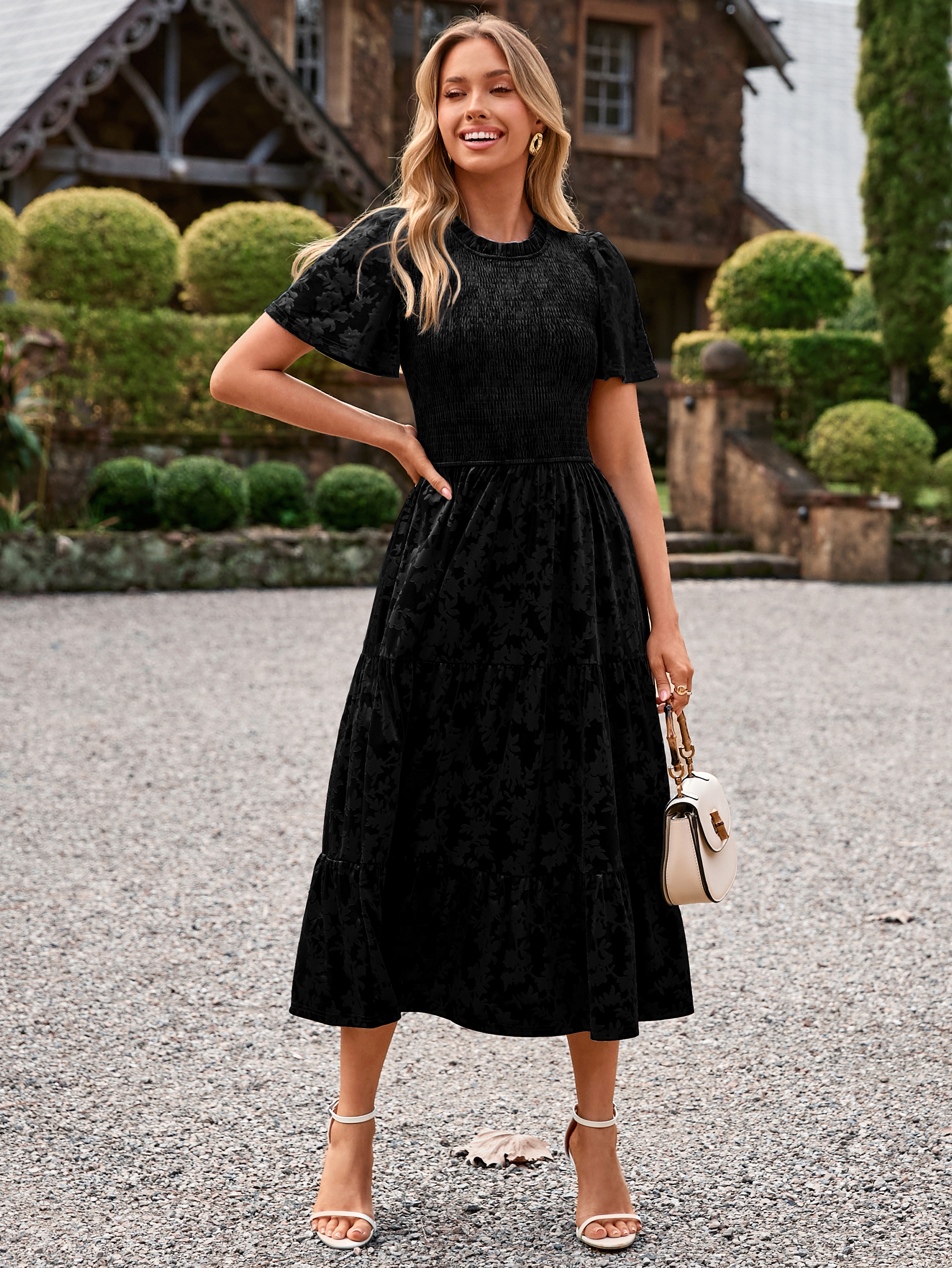 Ruffle Neck Smocked Velvet Floral Maxi Dress