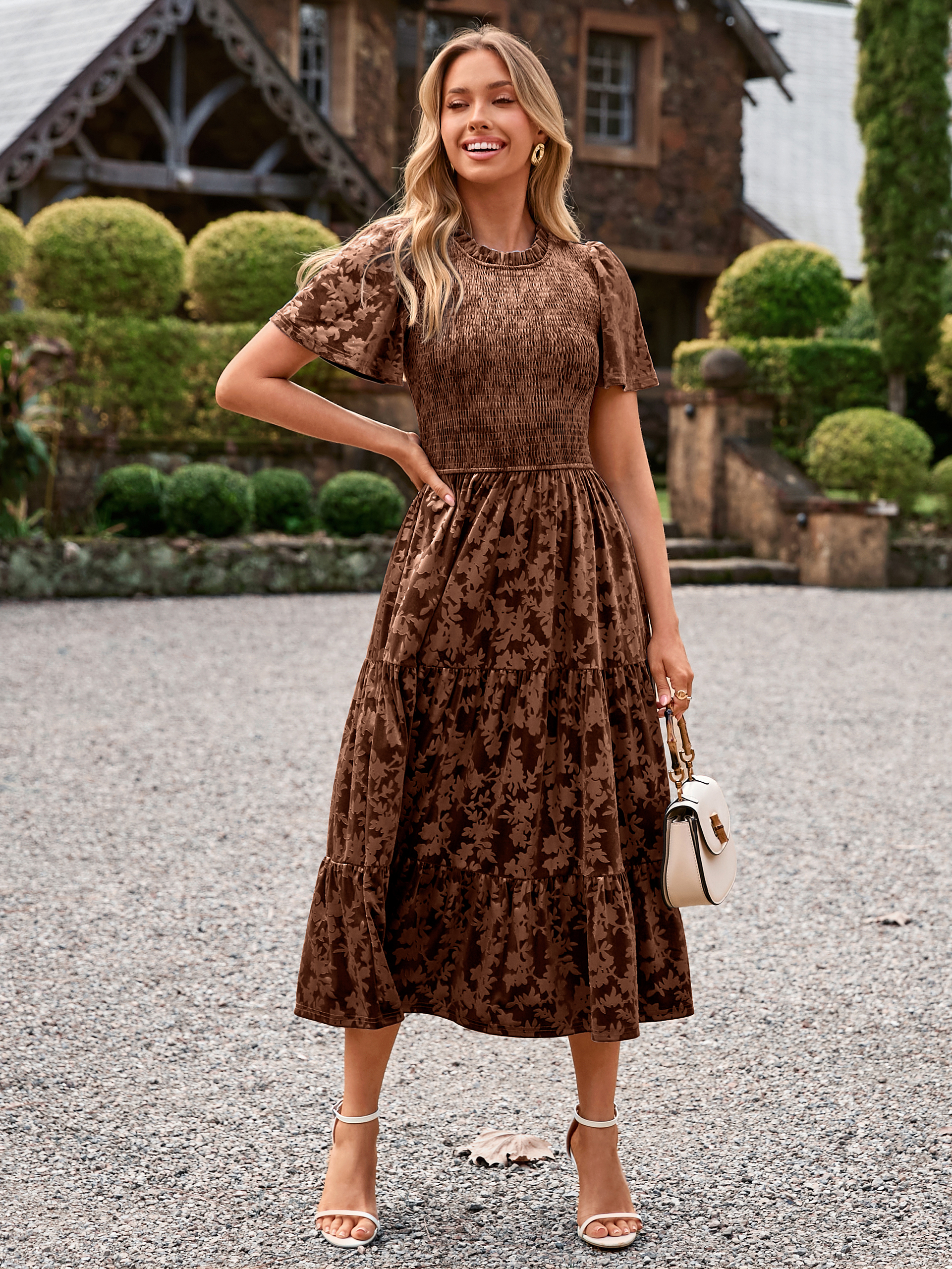 Ruffle Neck Smocked Velvet Floral Maxi Dress