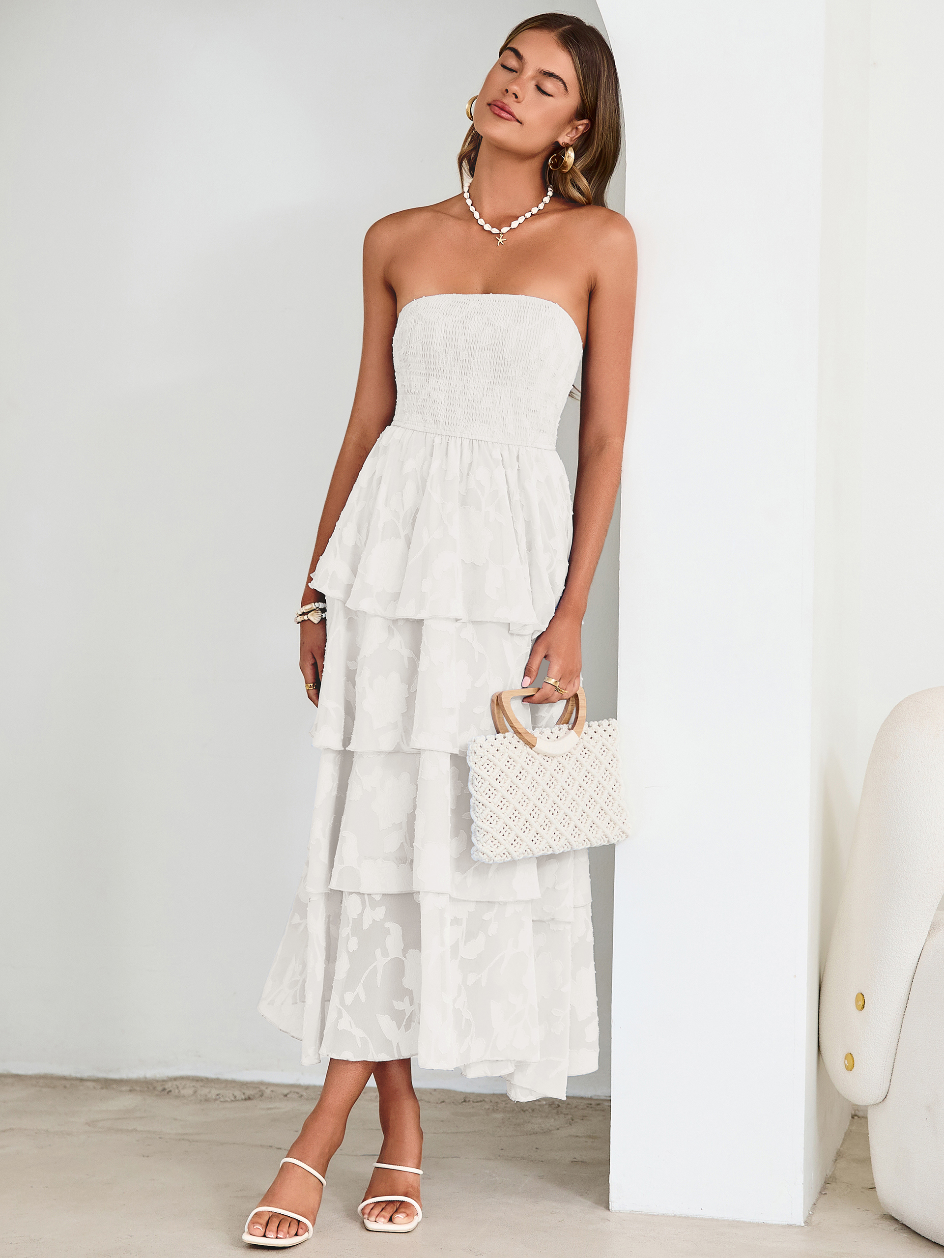 Floral Strapless Smocked Tiered Maxi Dress - White