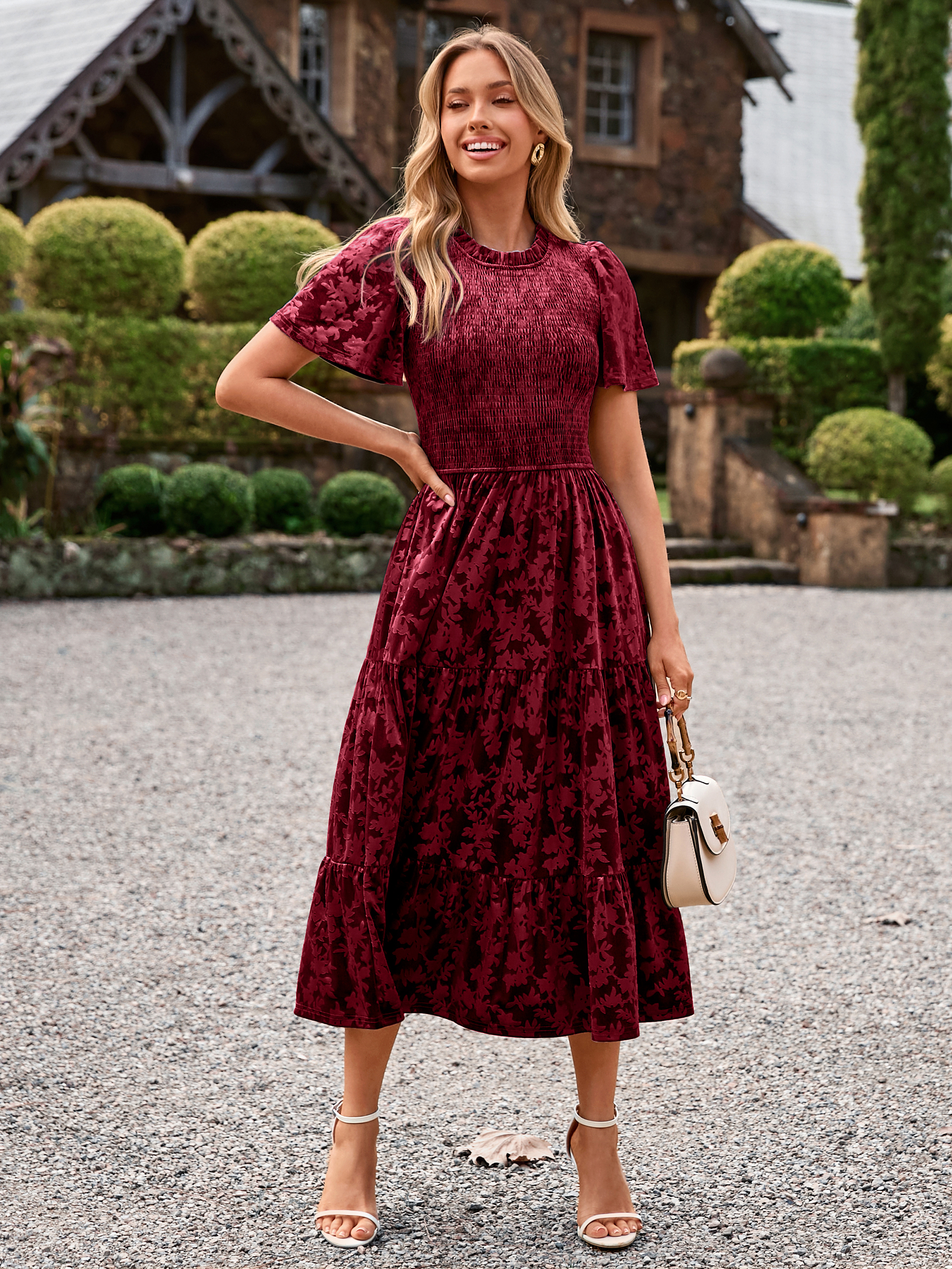 Ruffle Neck Smocked Velvet Floral Maxi Dress