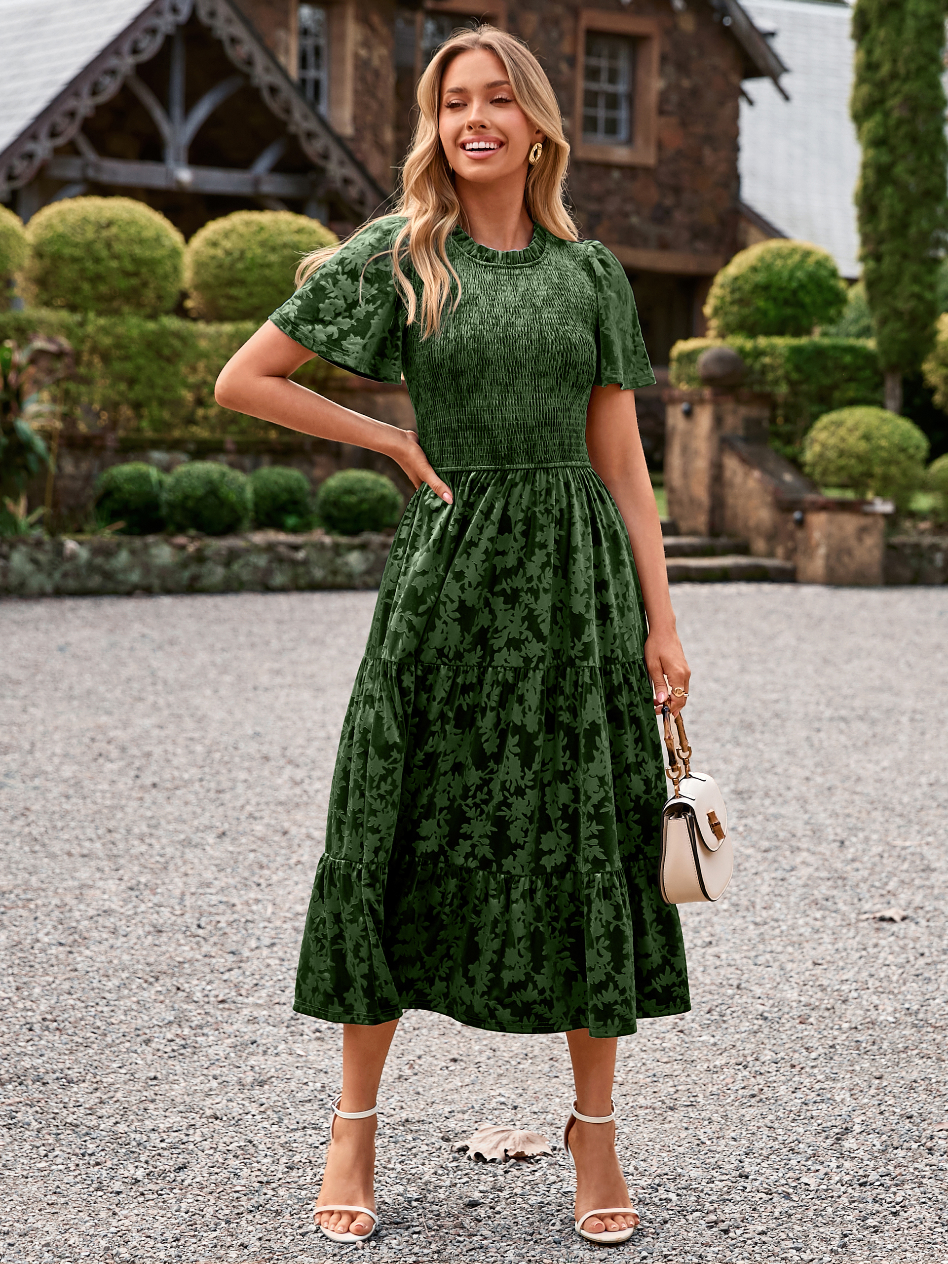 Ruffle Neck Smocked Velvet Floral Maxi Dress