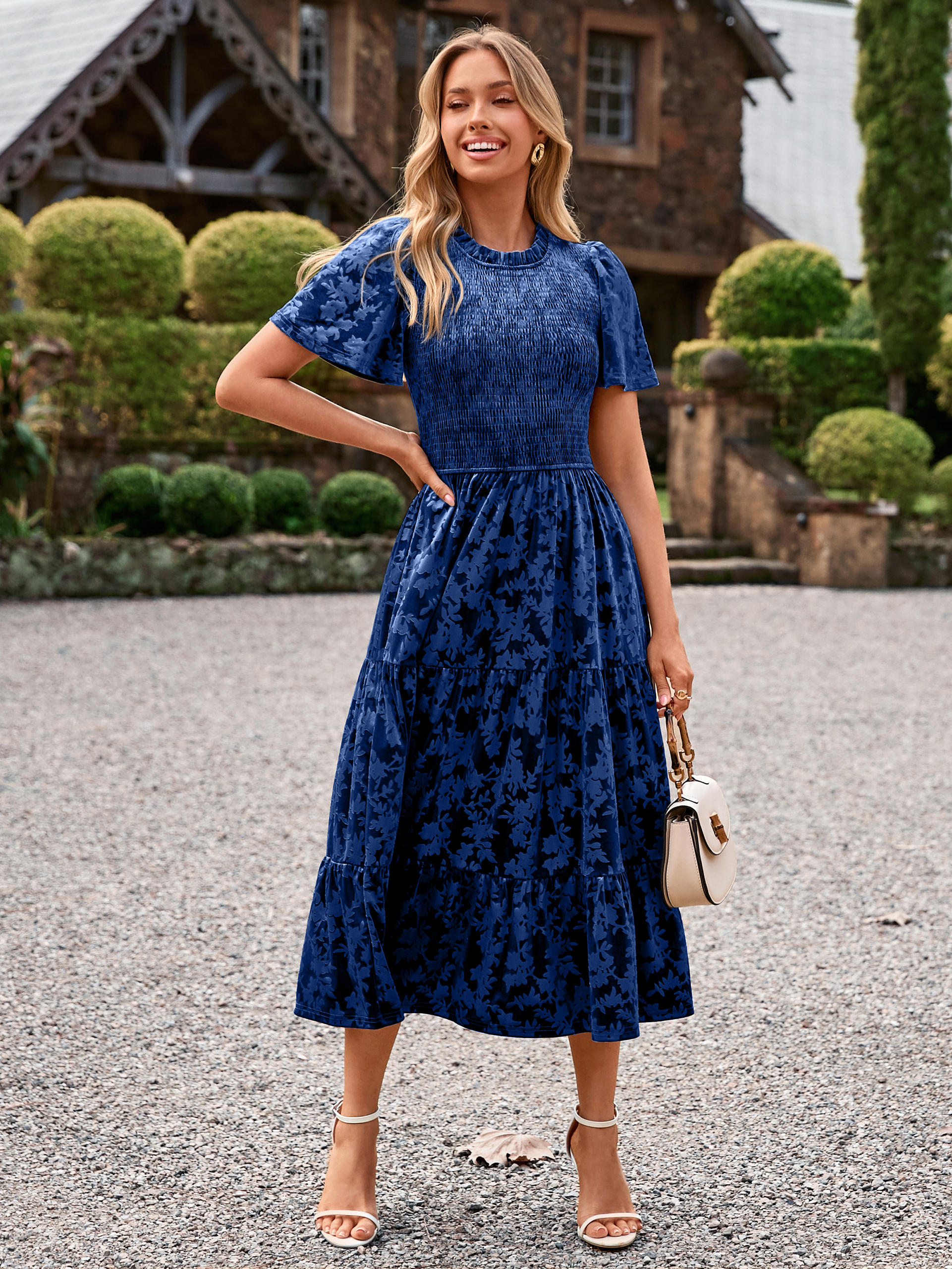 Ruffle Neck Smocked Velvet Floral Maxi Dress