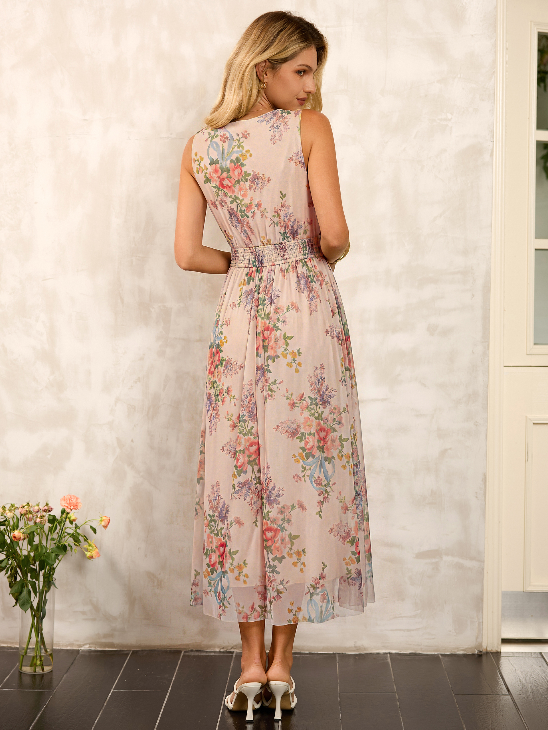 Sleeveless V Neck Floral Tulle Maxi Dress