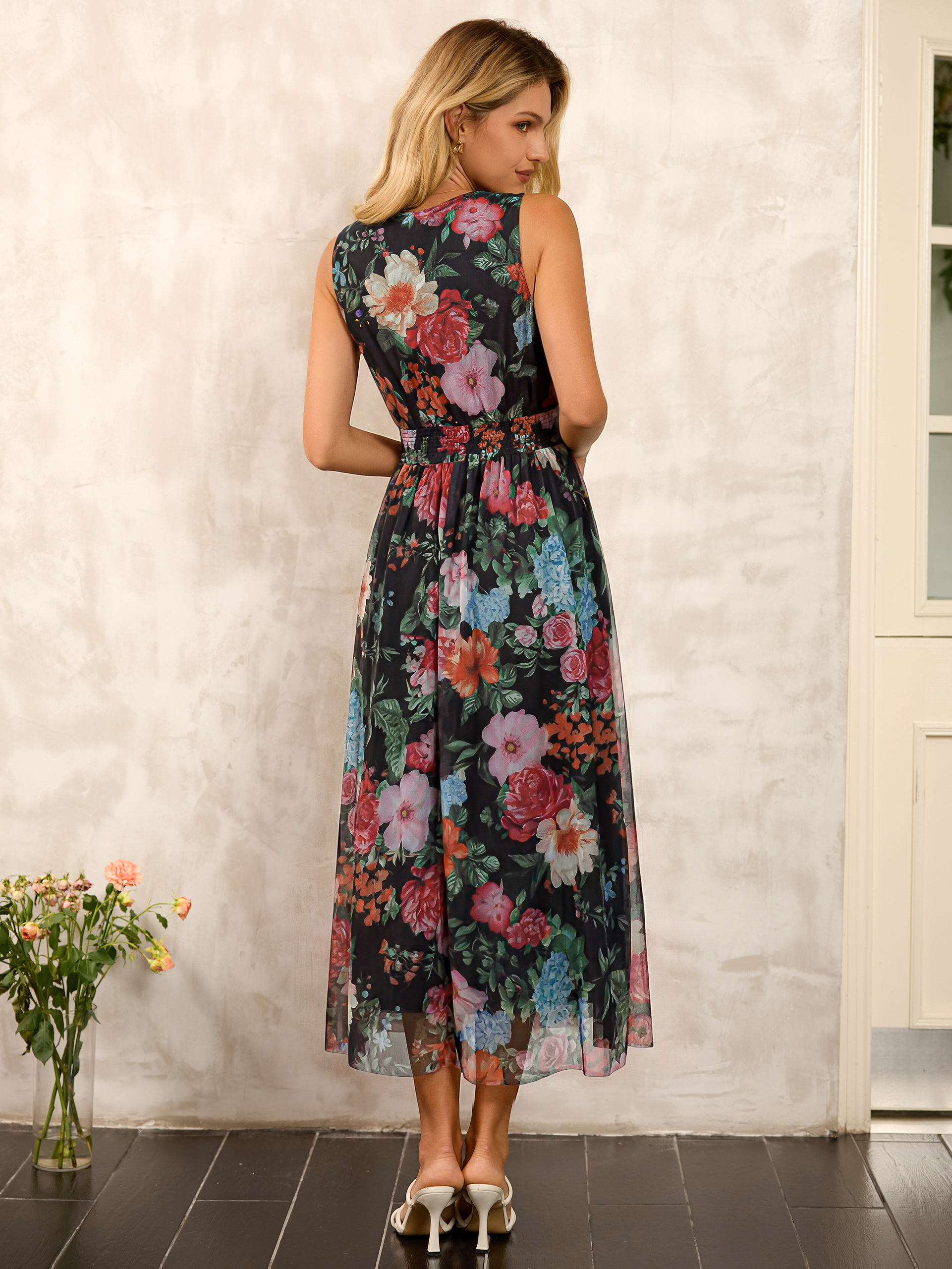 Sleeveless V Neck Floral Tulle Maxi Dress