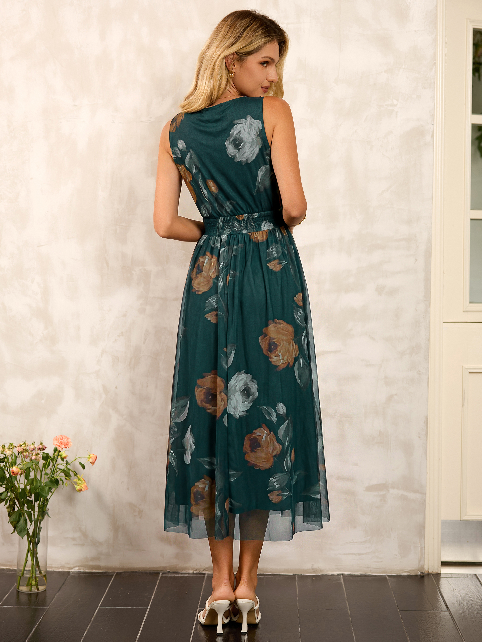 Sleeveless V Neck Floral Tulle Maxi Dress