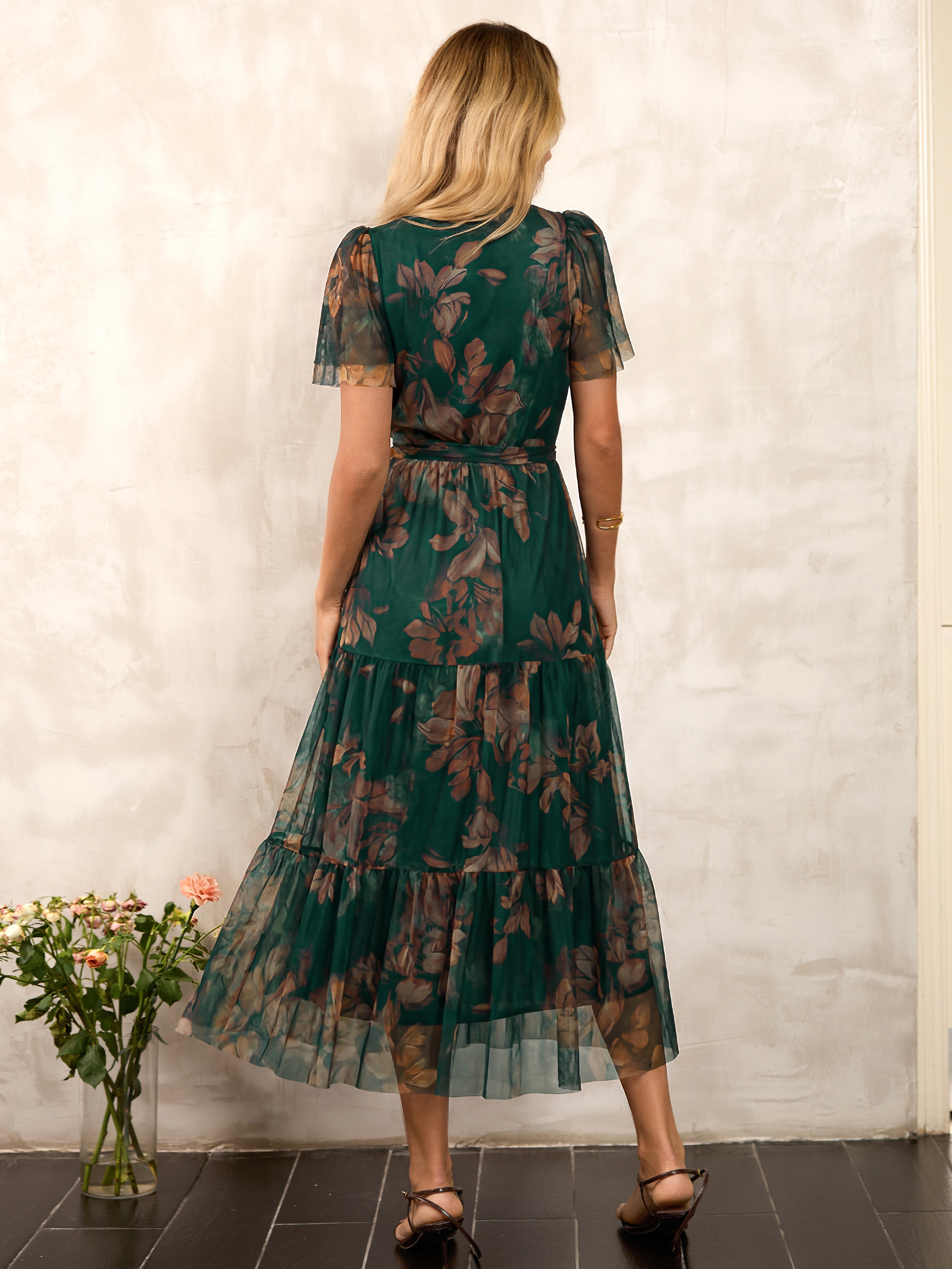 Floral Tulle V Neck Belted Tiered Maxi Dress