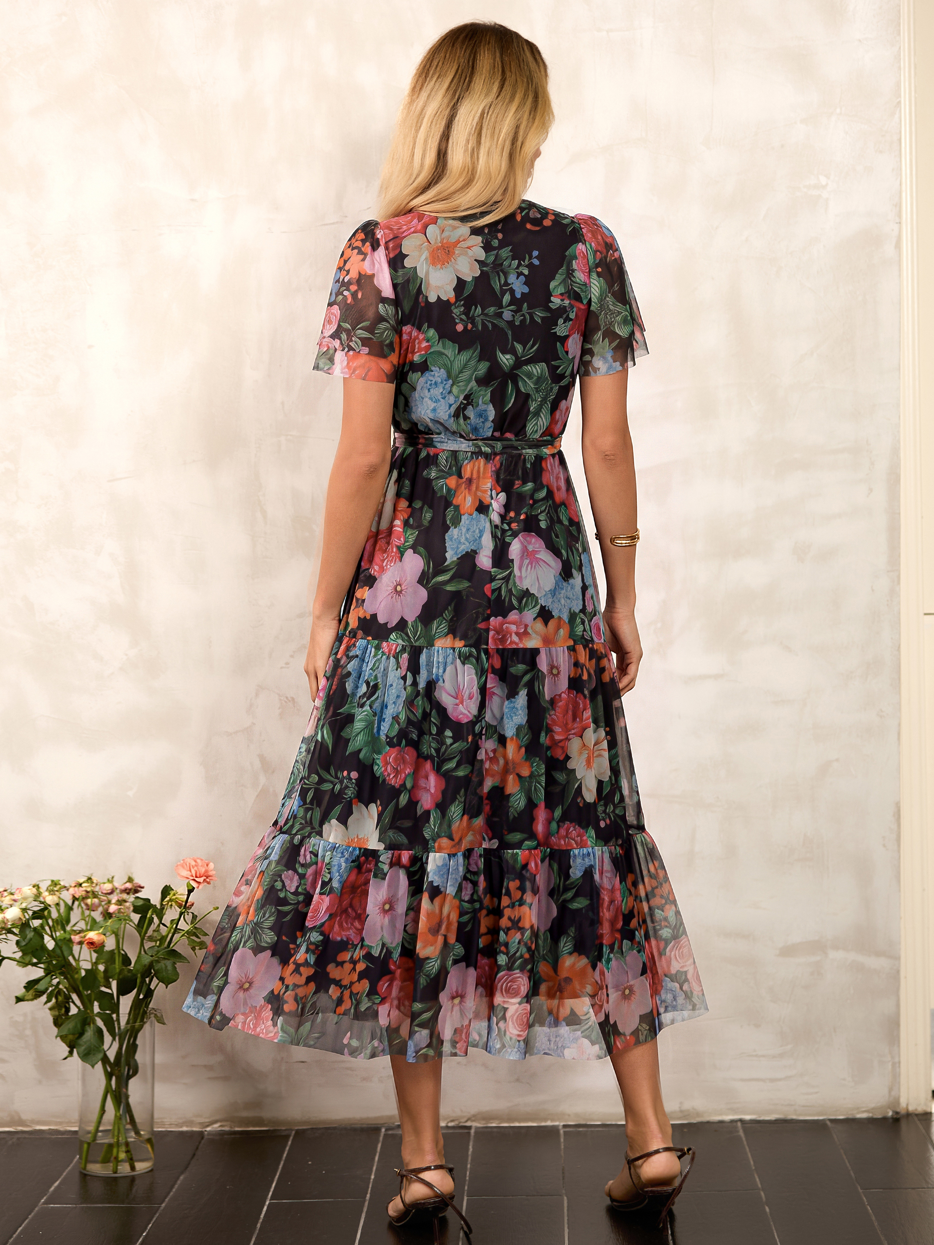 Floral Tulle V Neck Belted Tiered Maxi Dress