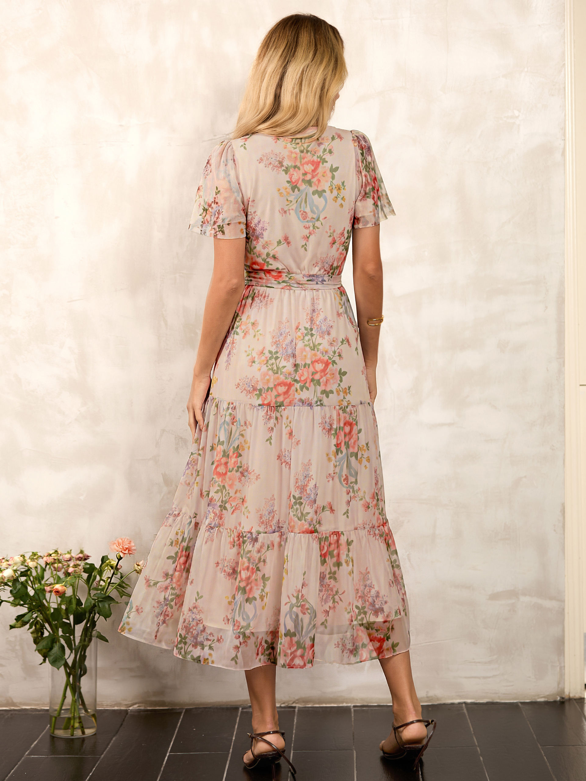 Floral Tulle V Neck Belted Tiered Maxi Dress