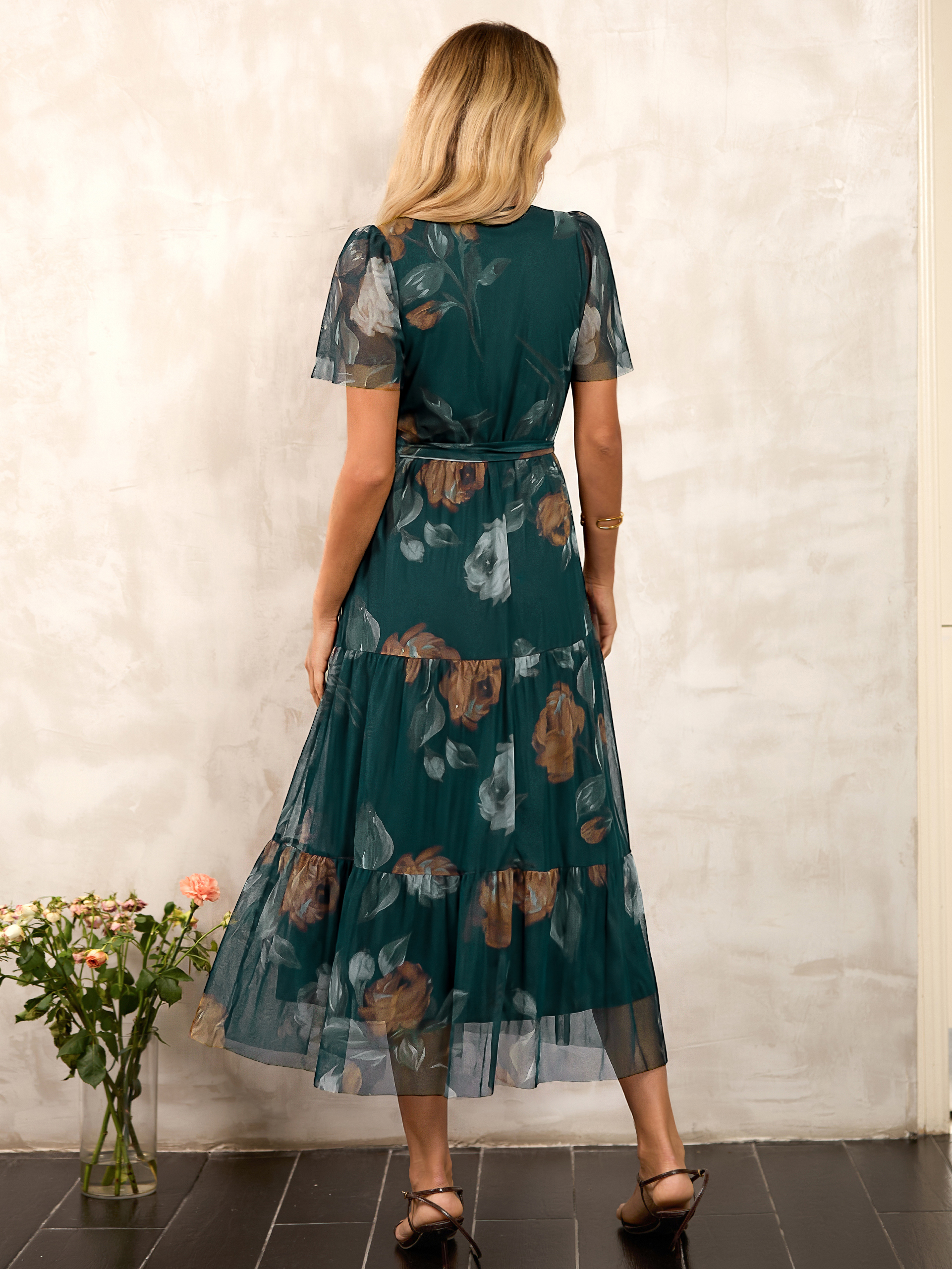 Floral Tulle V Neck Belted Tiered Maxi Dress