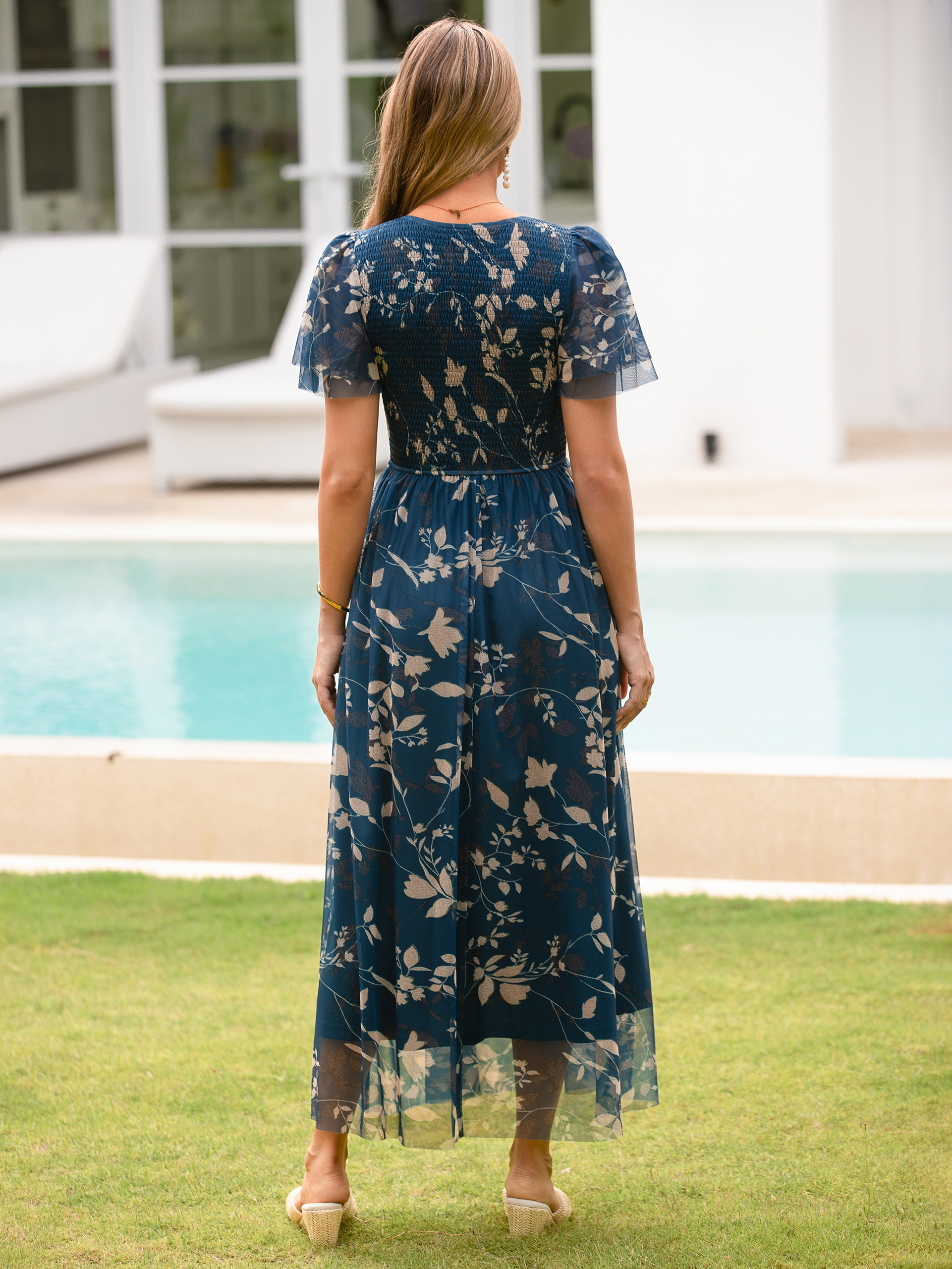 V Neck Smocked Bust Tulle Floral Maxi Dress