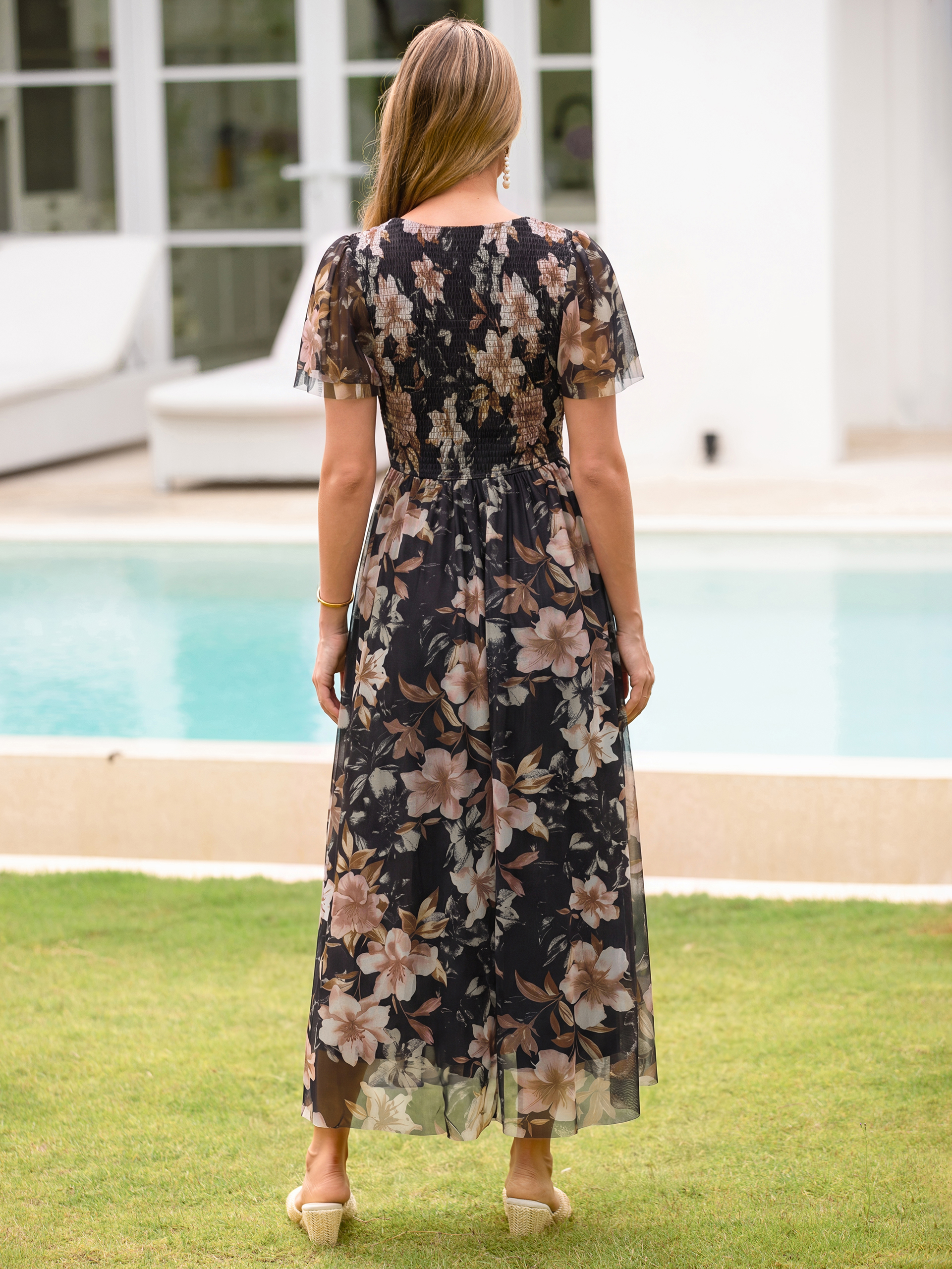 V Neck Smocked Bust Tulle Floral Maxi Dress