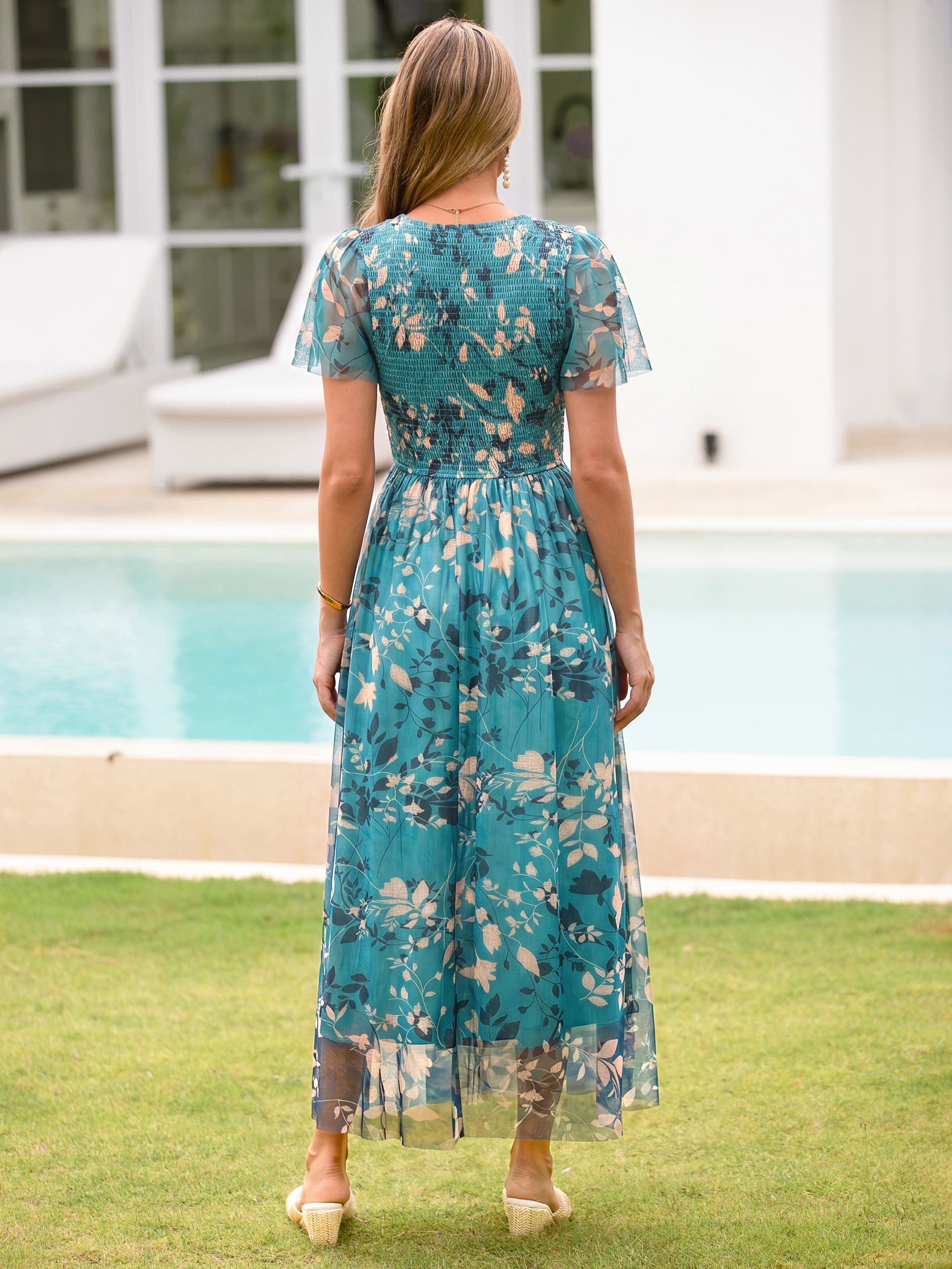 V Neck Smocked Bust Tulle Floral Maxi Dress