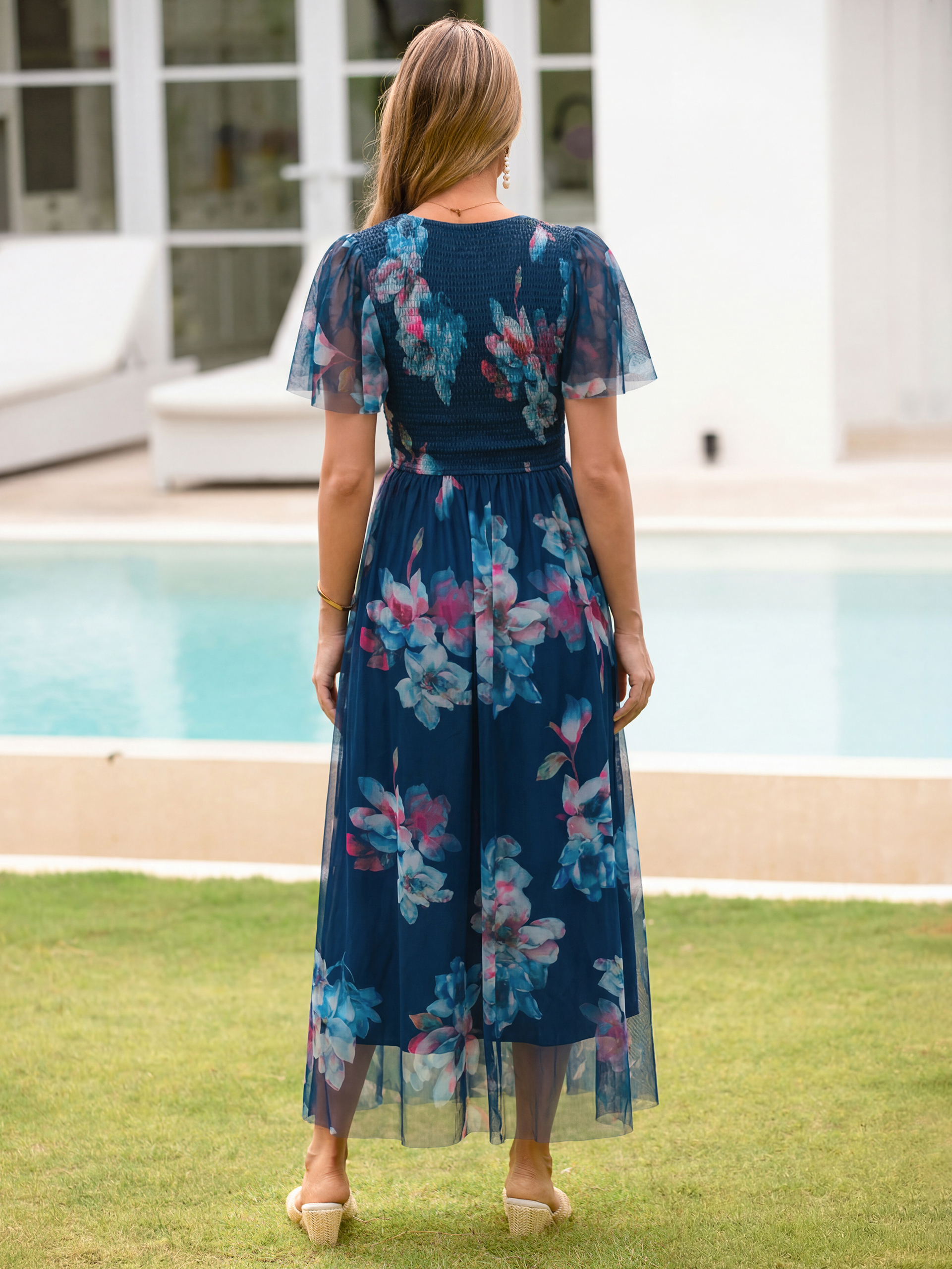 V Neck Smocked Bust Tulle Floral Maxi Dress