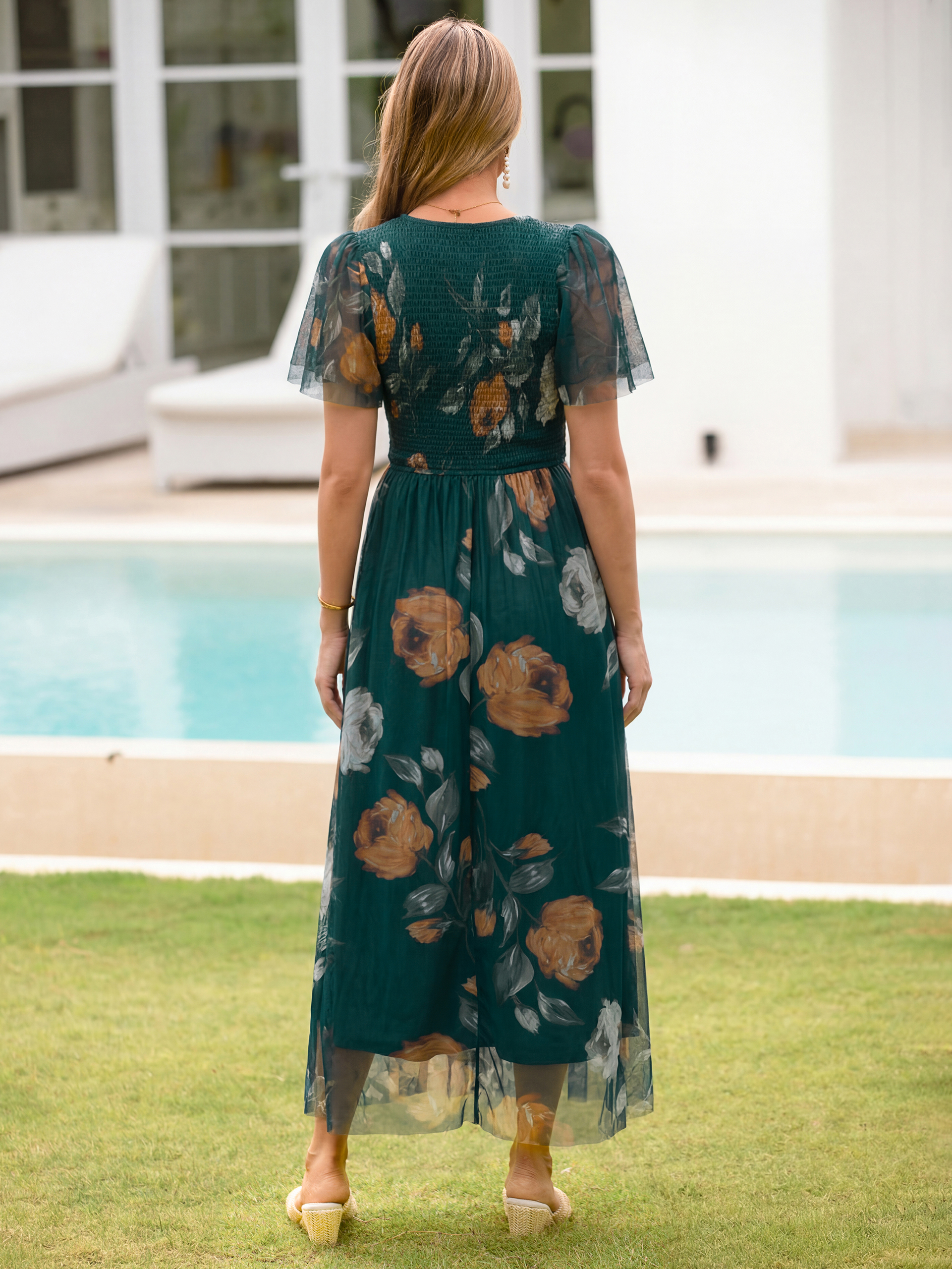 V Neck Smocked Bust Tulle Floral Maxi Dress