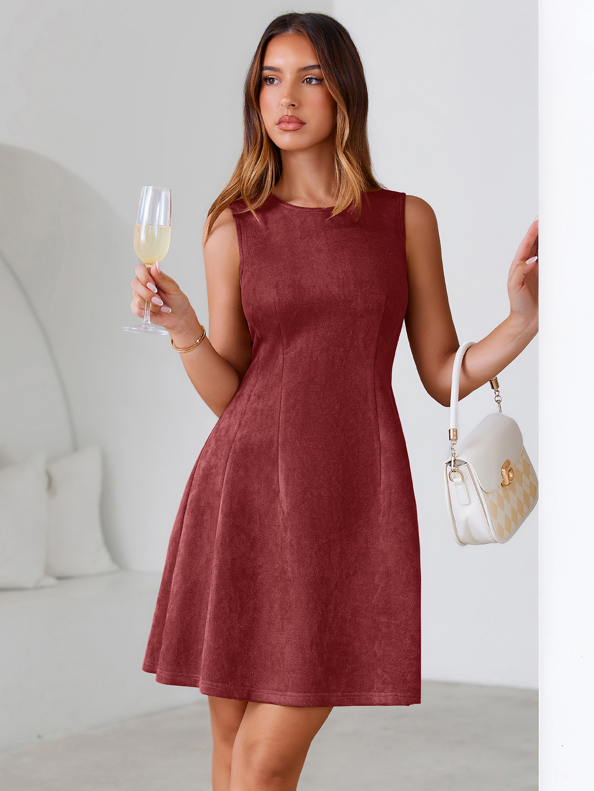 Faux Suede Sleeveless A Line Semi Formal Dress