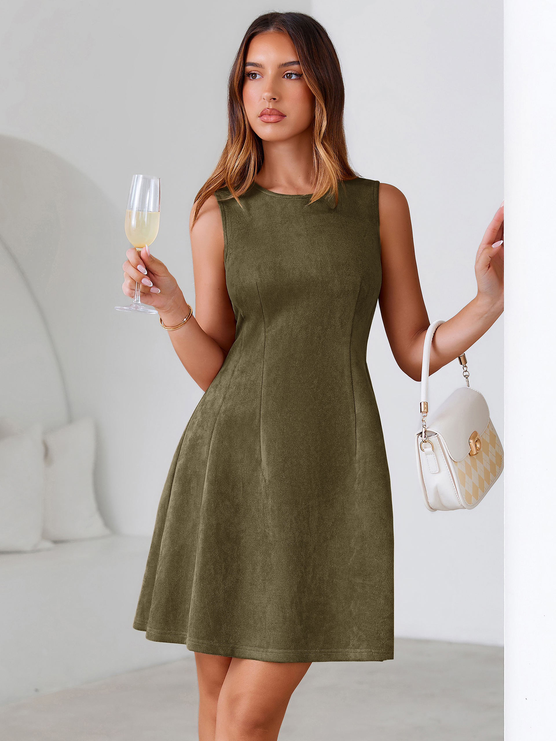 Faux Suede Sleeveless A Line Semi Formal Dress