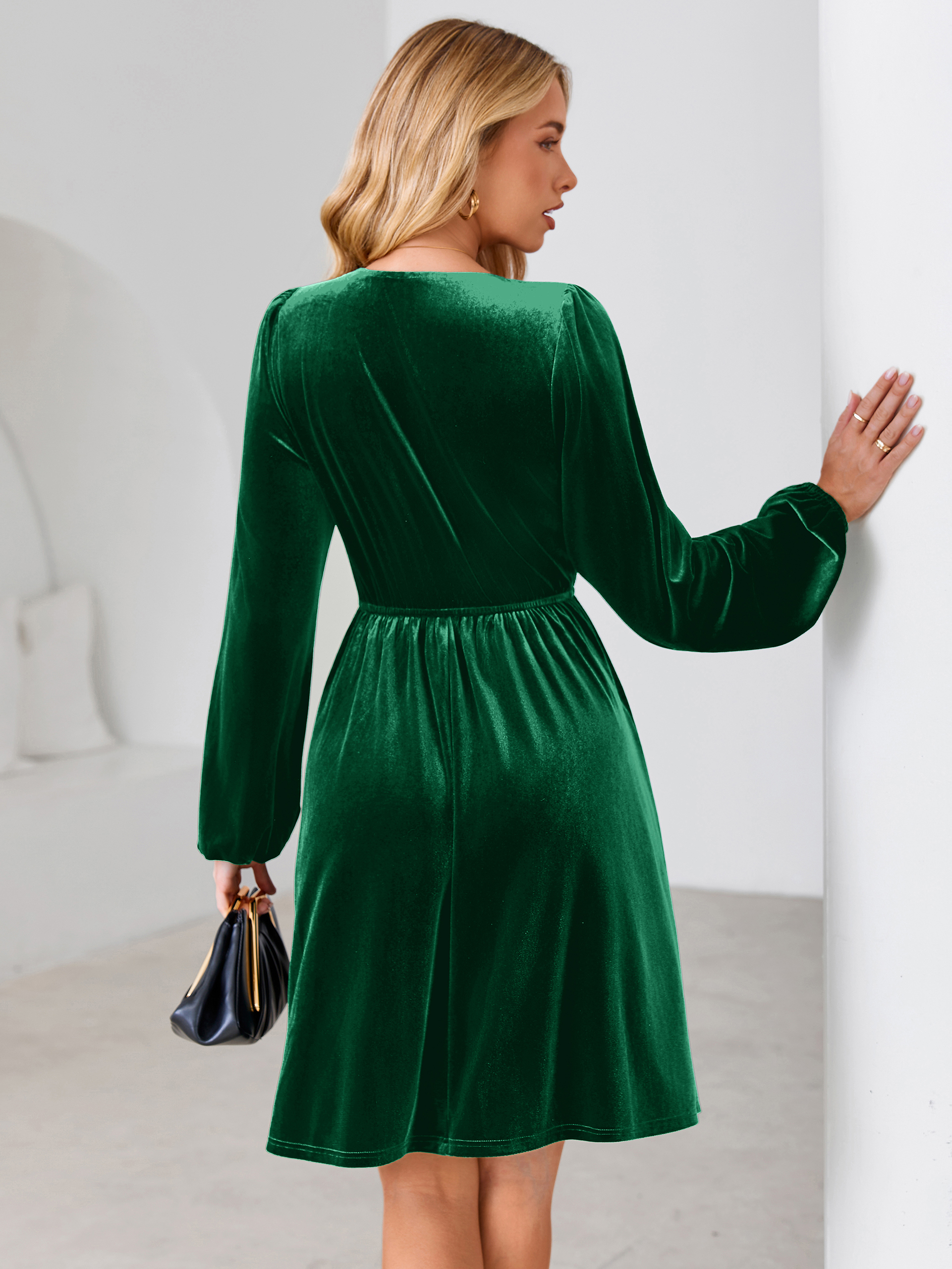 Velvet Smocked Bodice V Neck Long Sleeve Mini Dress
