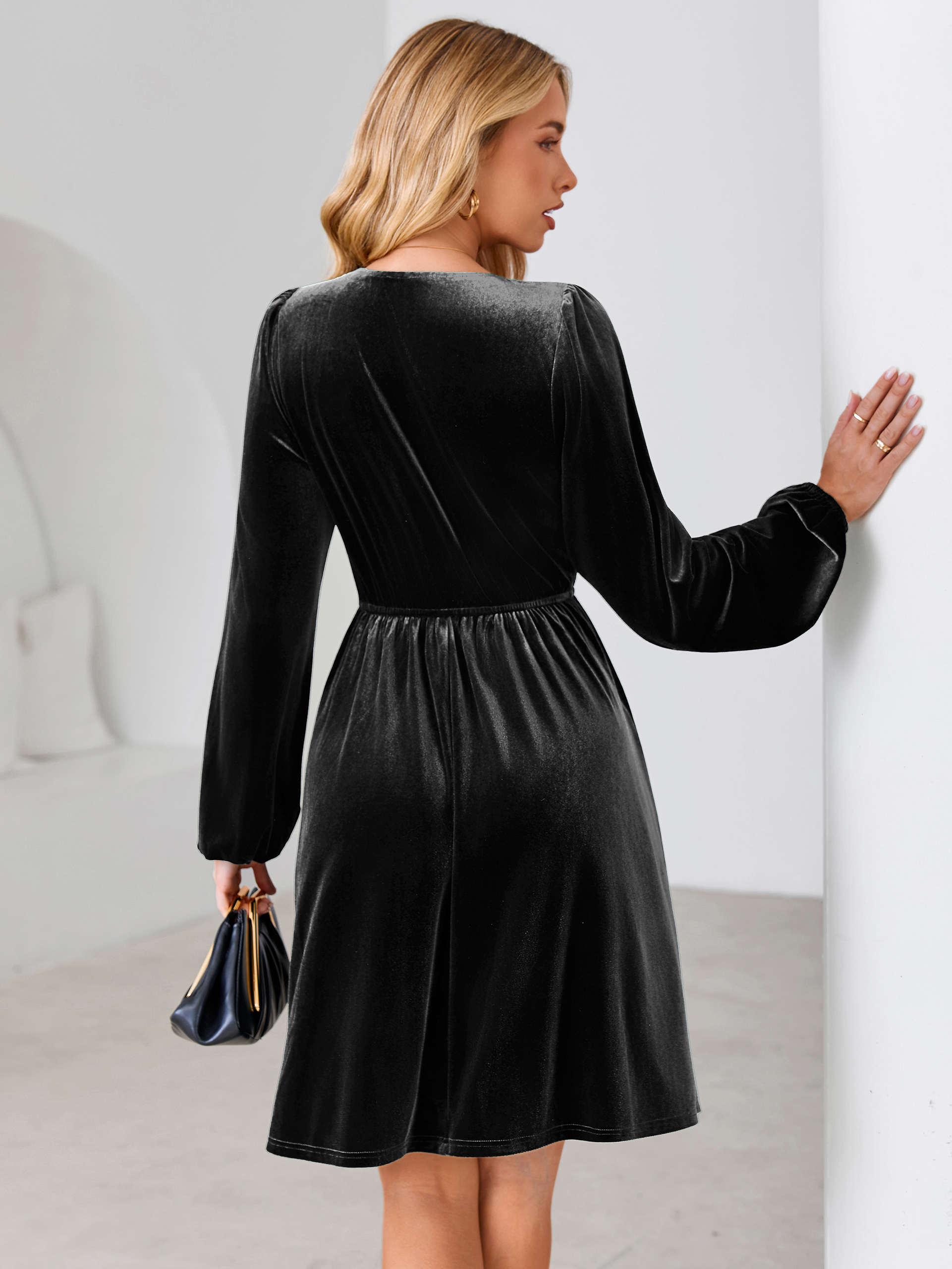 Velvet Smocked Bodice V Neck Long Sleeve Mini Dress