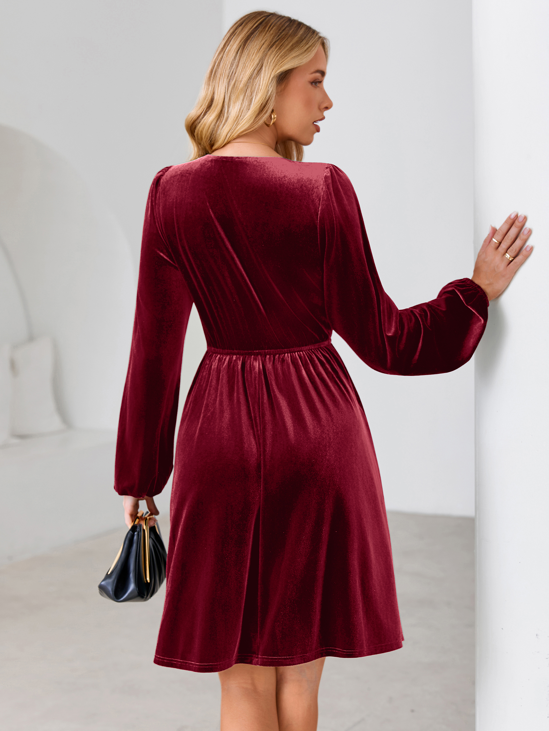 Velvet Smocked Bodice V Neck Long Sleeve Mini Dress
