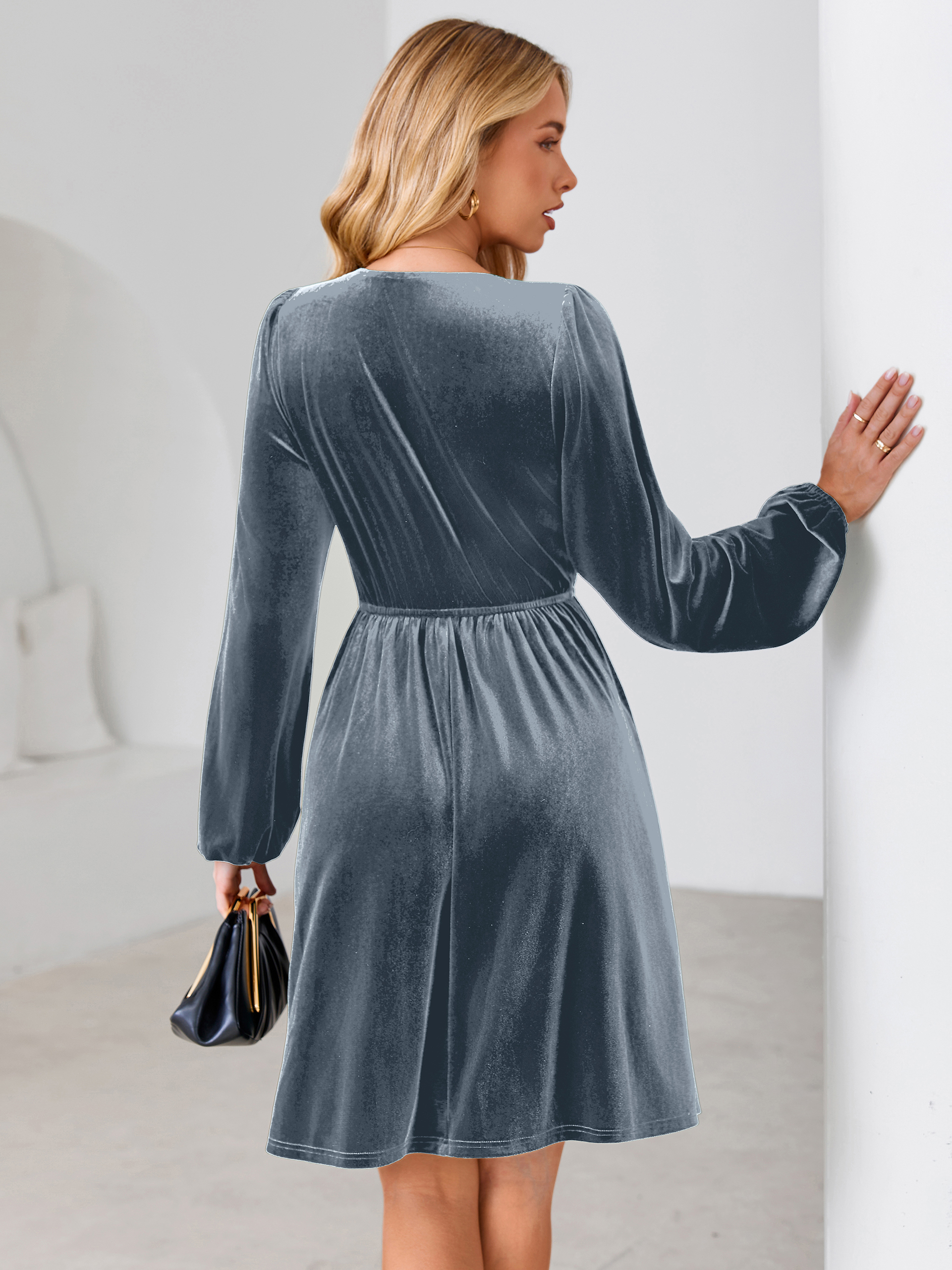 Velvet Smocked Bodice V Neck Long Sleeve Mini Dress