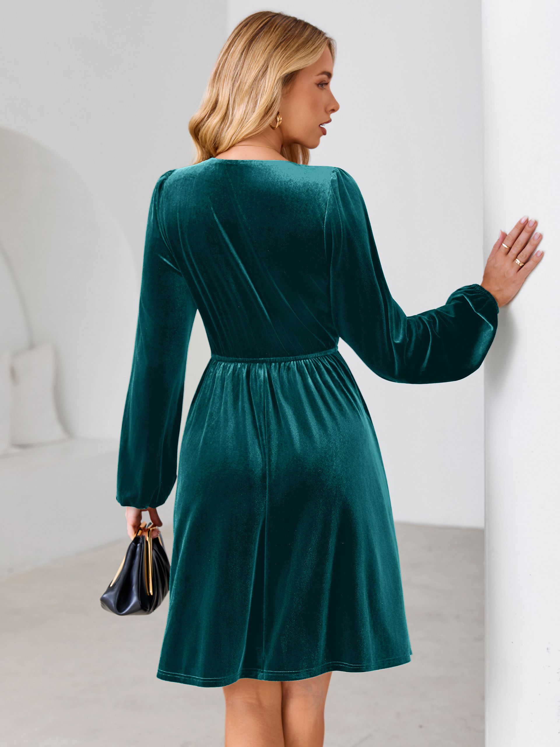 Velvet Smocked Bodice V Neck Long Sleeve Mini Dress