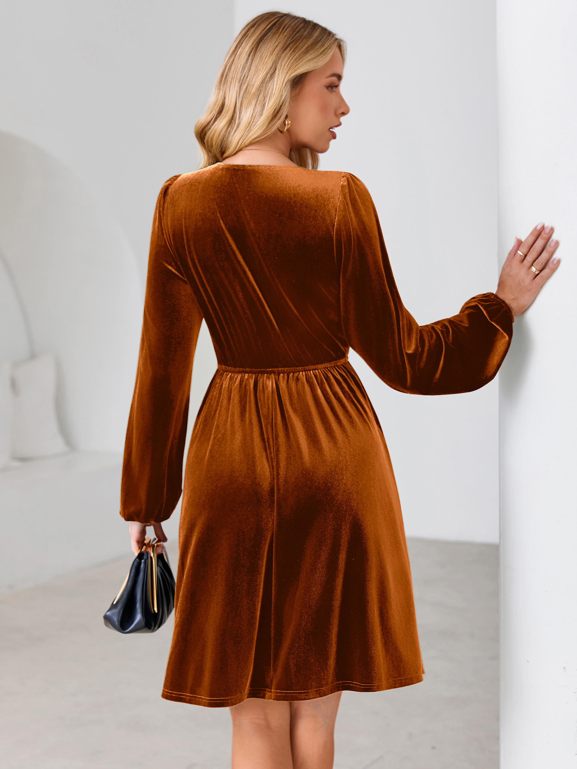 Velvet Smocked Bodice V Neck Long Sleeve Mini Dress