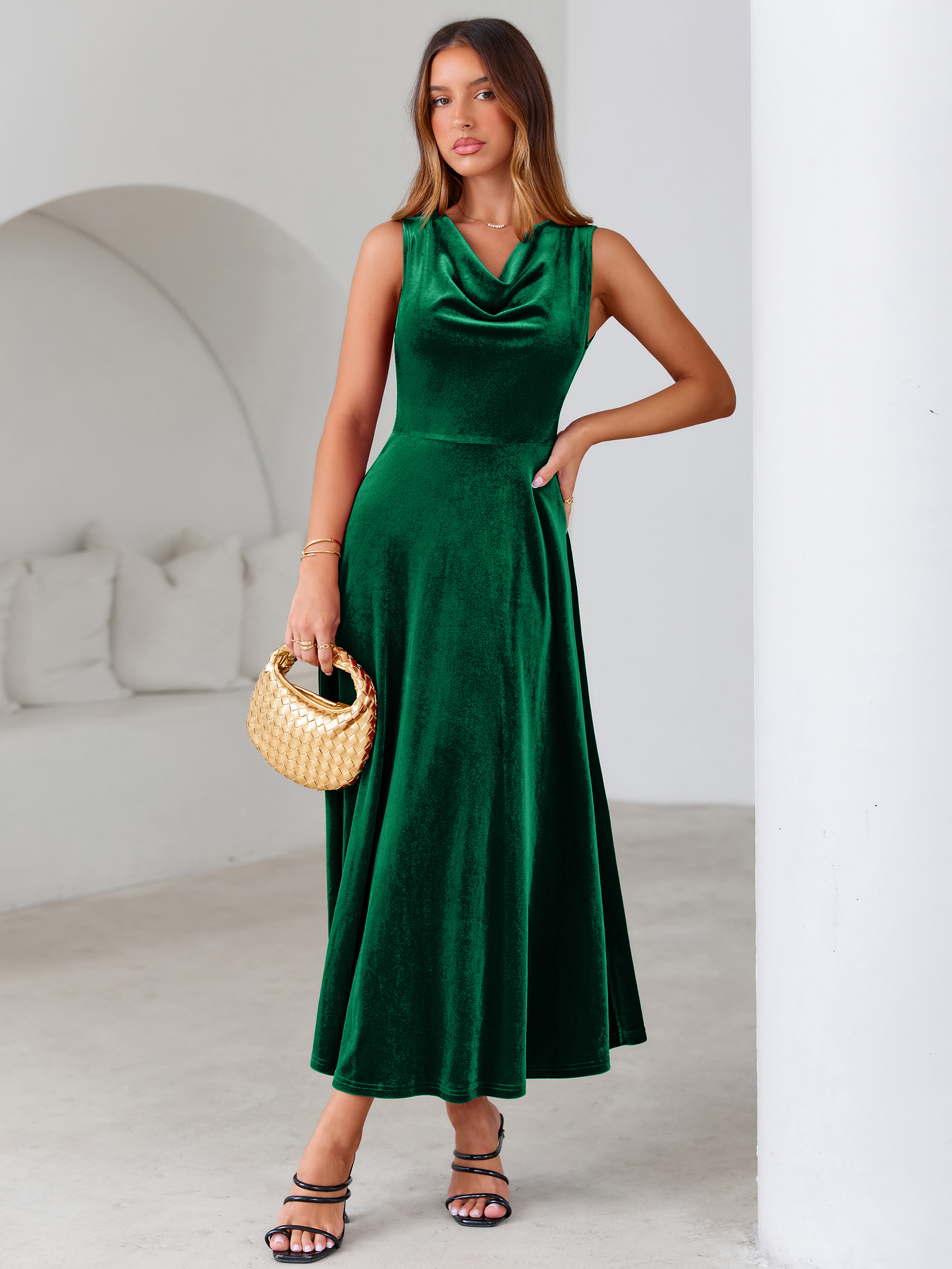 Velvet Cowl Neck Sleeveless A Line Maxi Dress