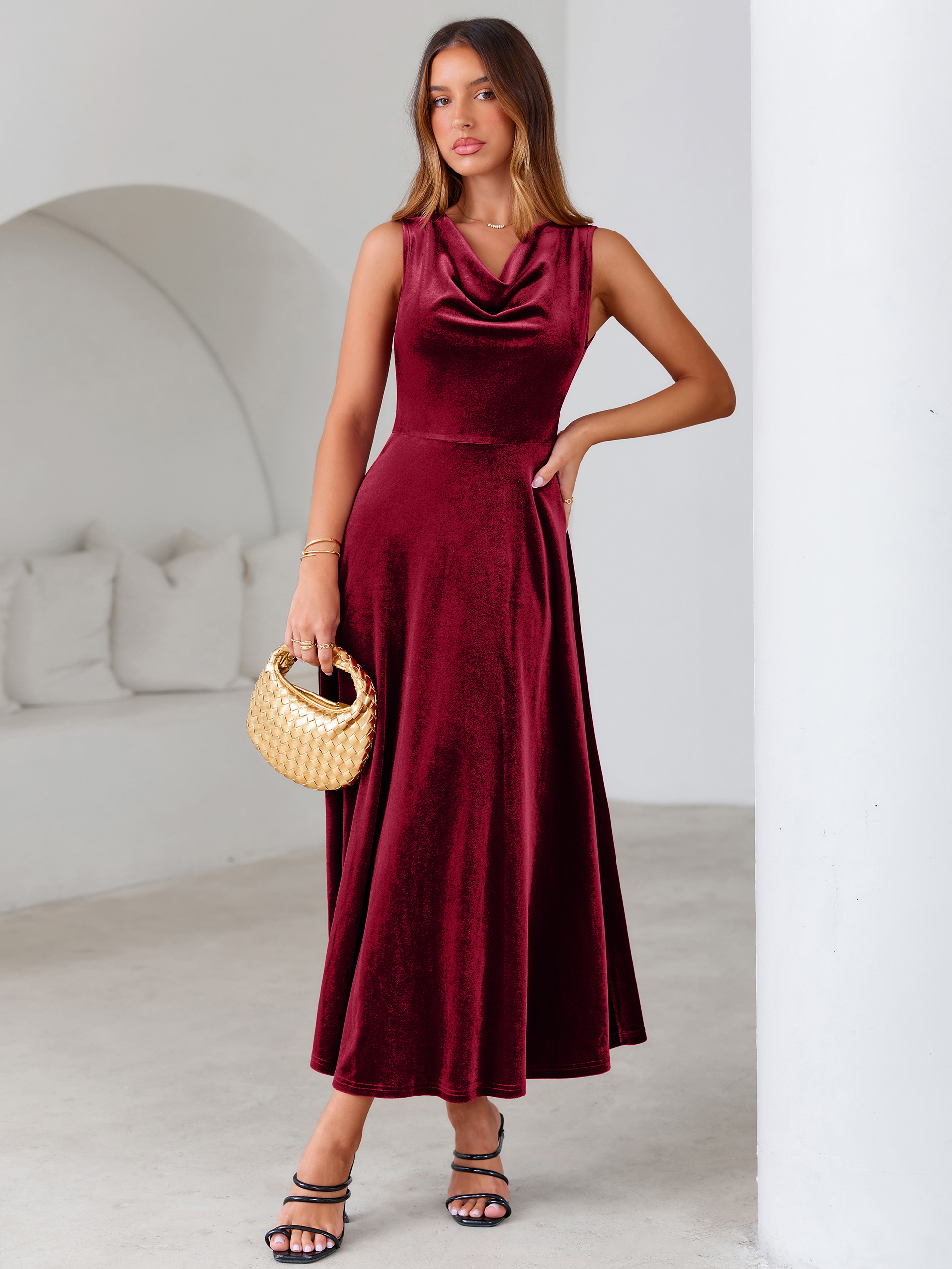 Velvet Cowl Neck Sleeveless A Line Maxi Dress