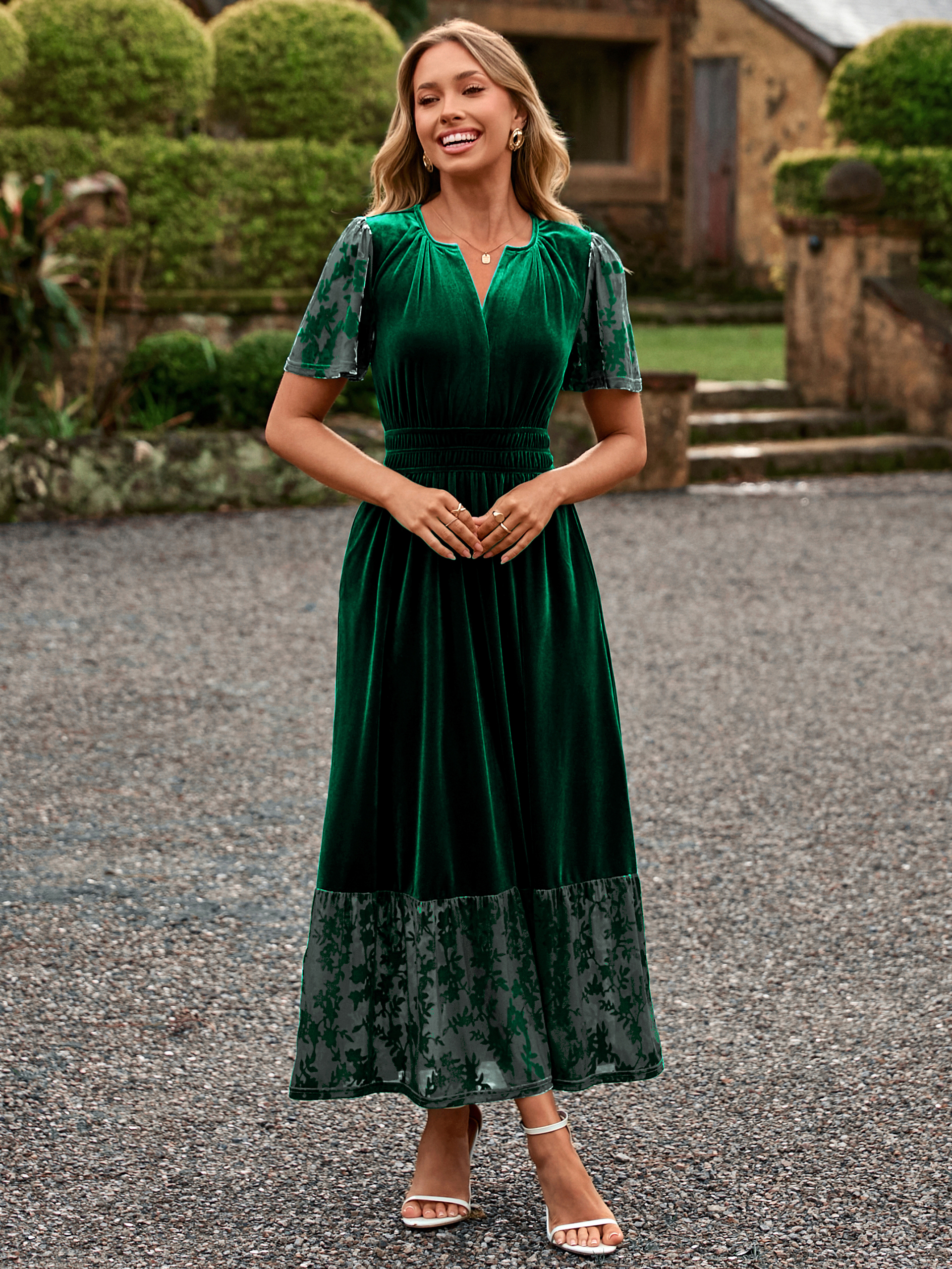 Velvet Floral Burnout V Neck Maxi Dress