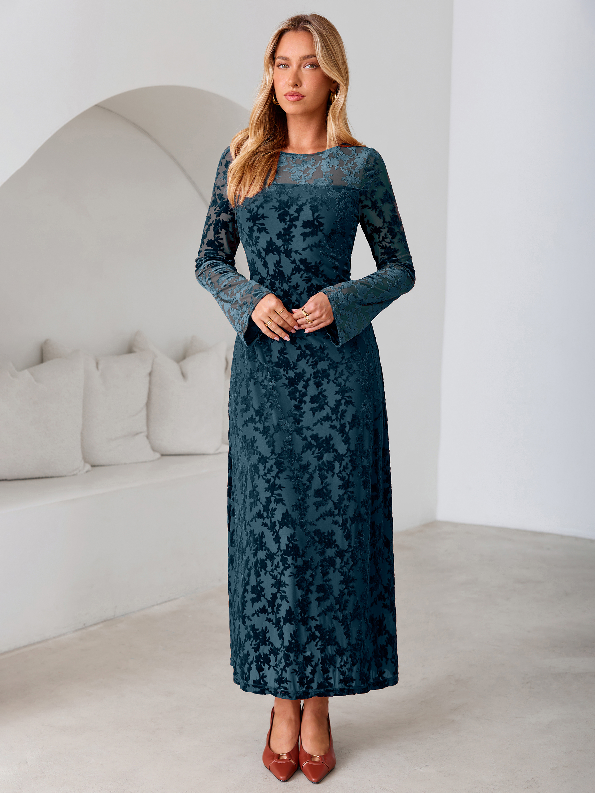 Floral Burnout Velvet Mesh Long Sleeve Maxi Dress