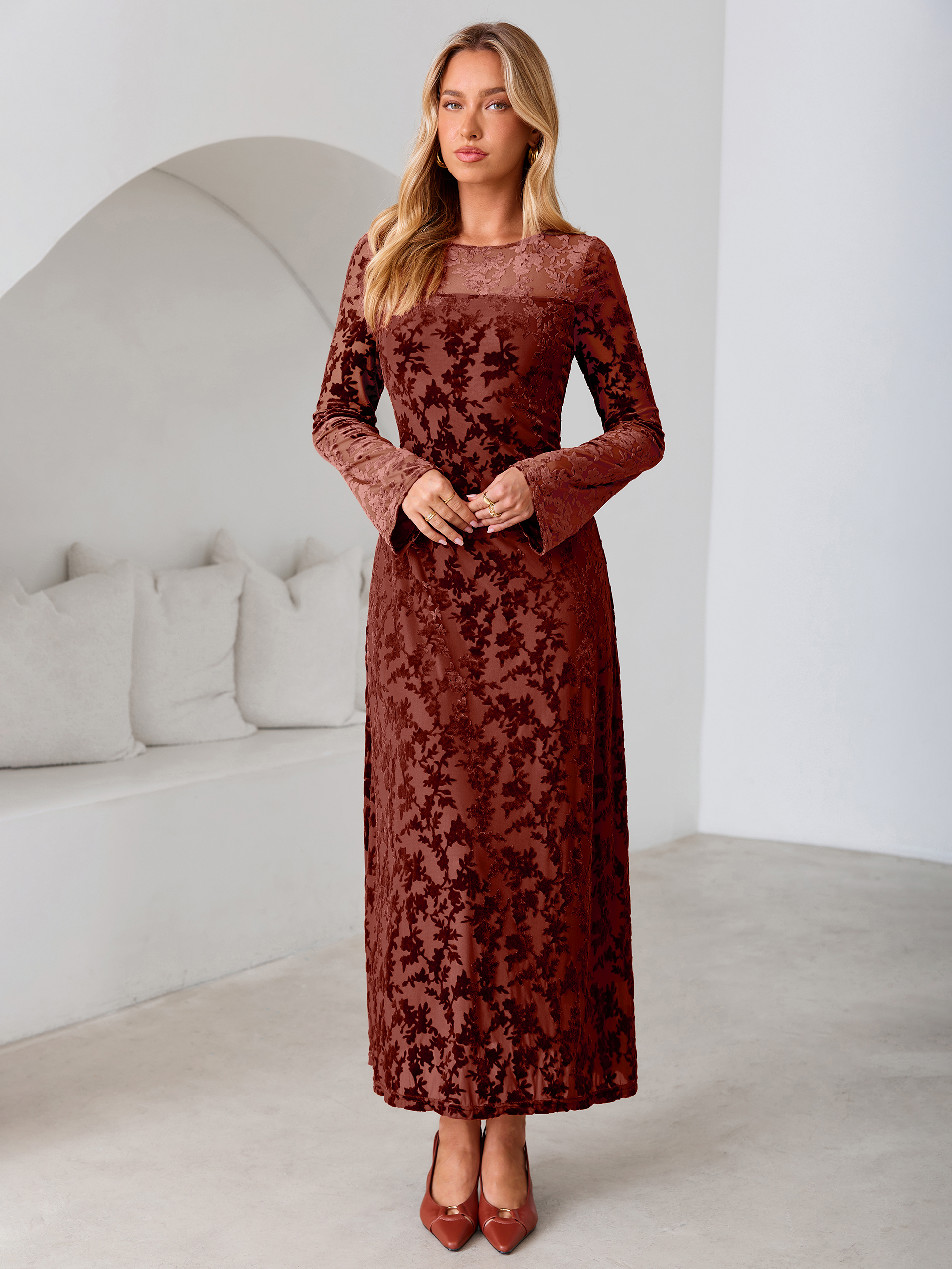 Floral Burnout Velvet Mesh Long Sleeve Maxi Dress