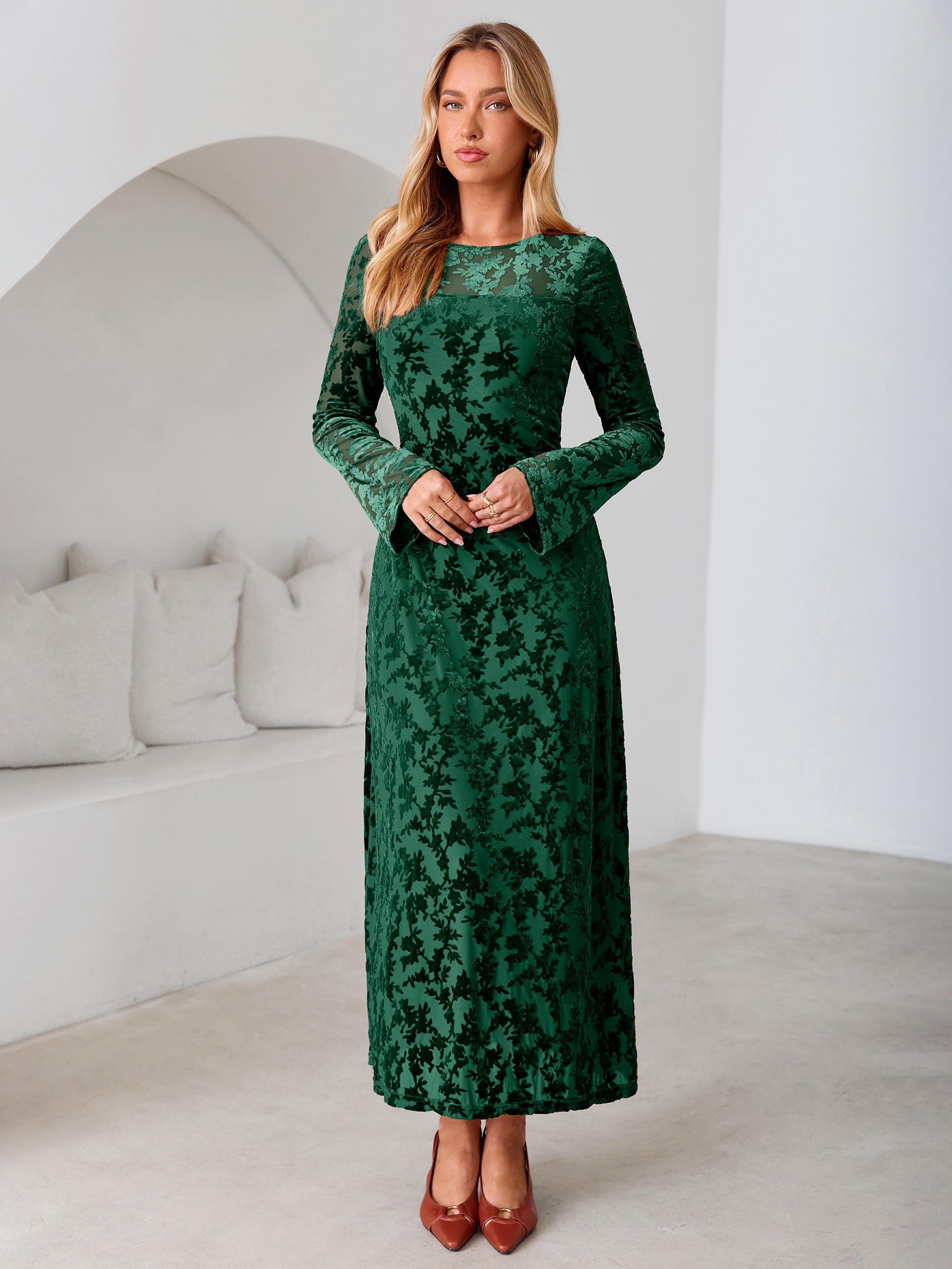 Floral Burnout Velvet Mesh Long Sleeve Maxi Dress