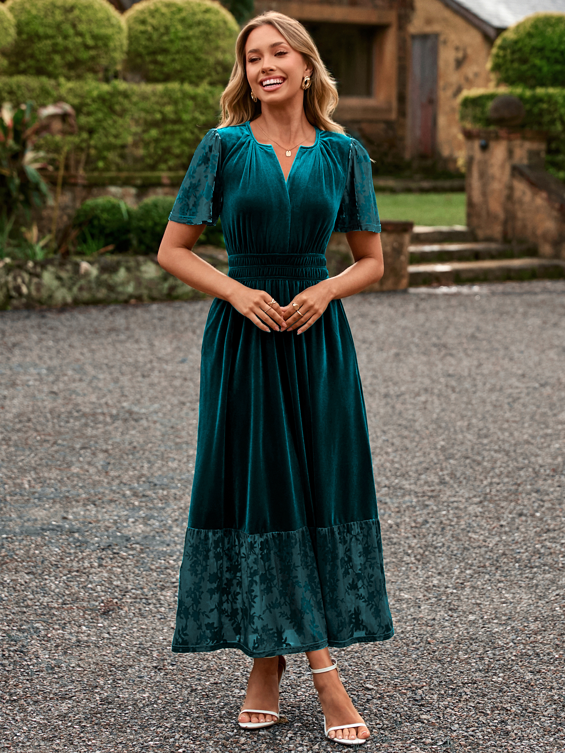 Velvet Floral Burnout V Neck Maxi Dress