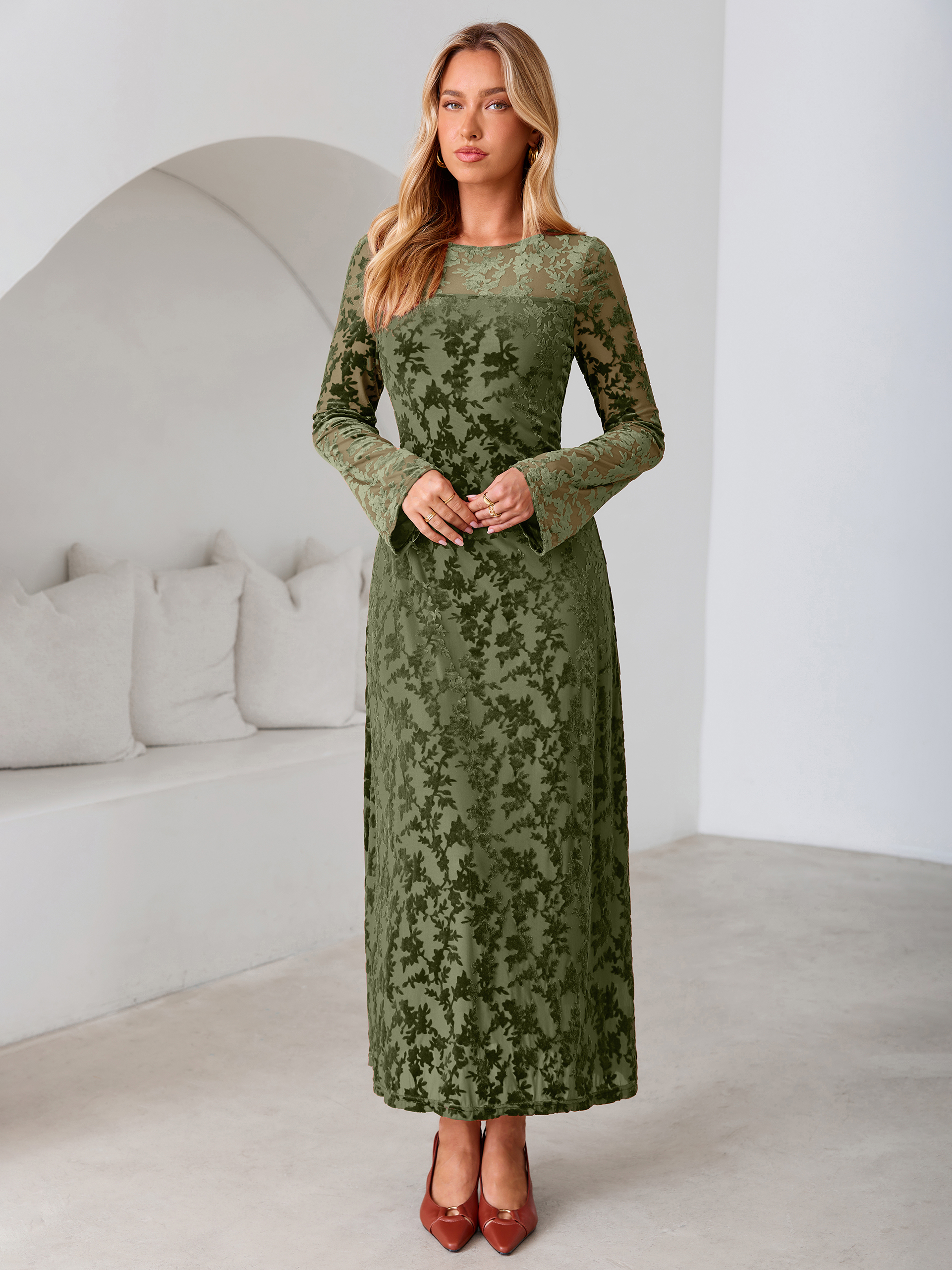 Floral Burnout Velvet Mesh Long Sleeve Maxi Dress