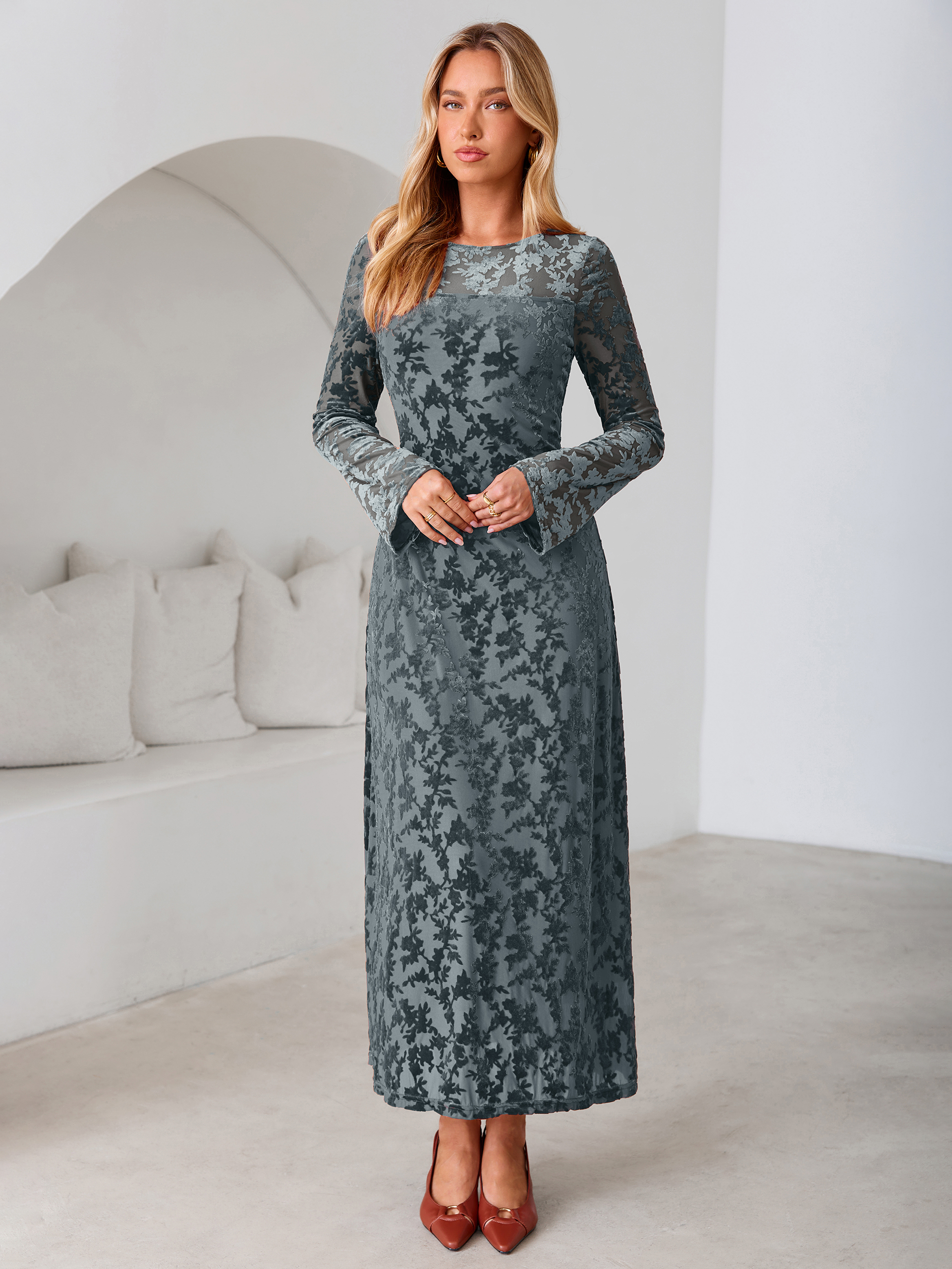Floral Burnout Velvet Mesh Long Sleeve Maxi Dress