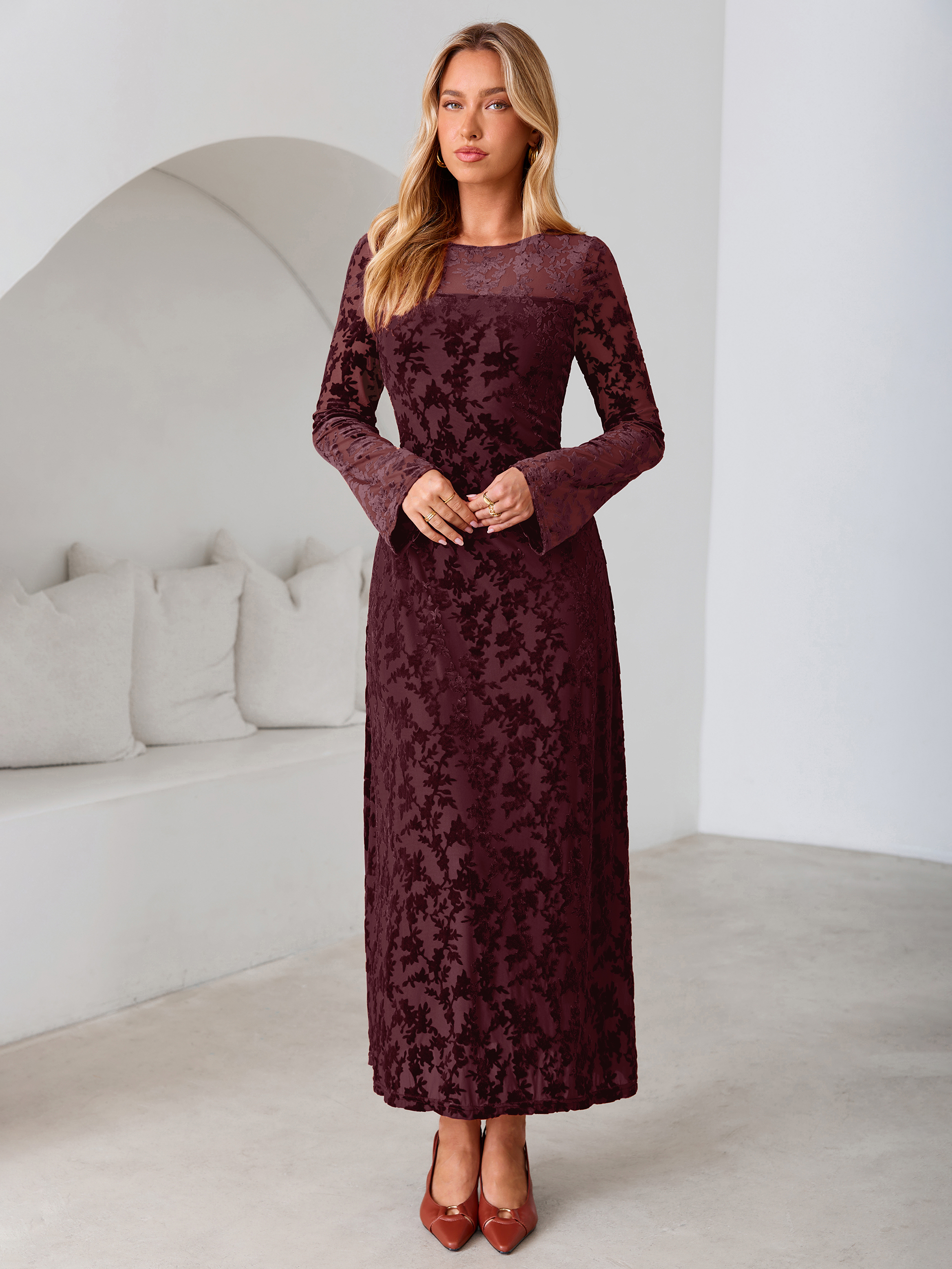 Floral Burnout Velvet Mesh Long Sleeve Maxi Dress
