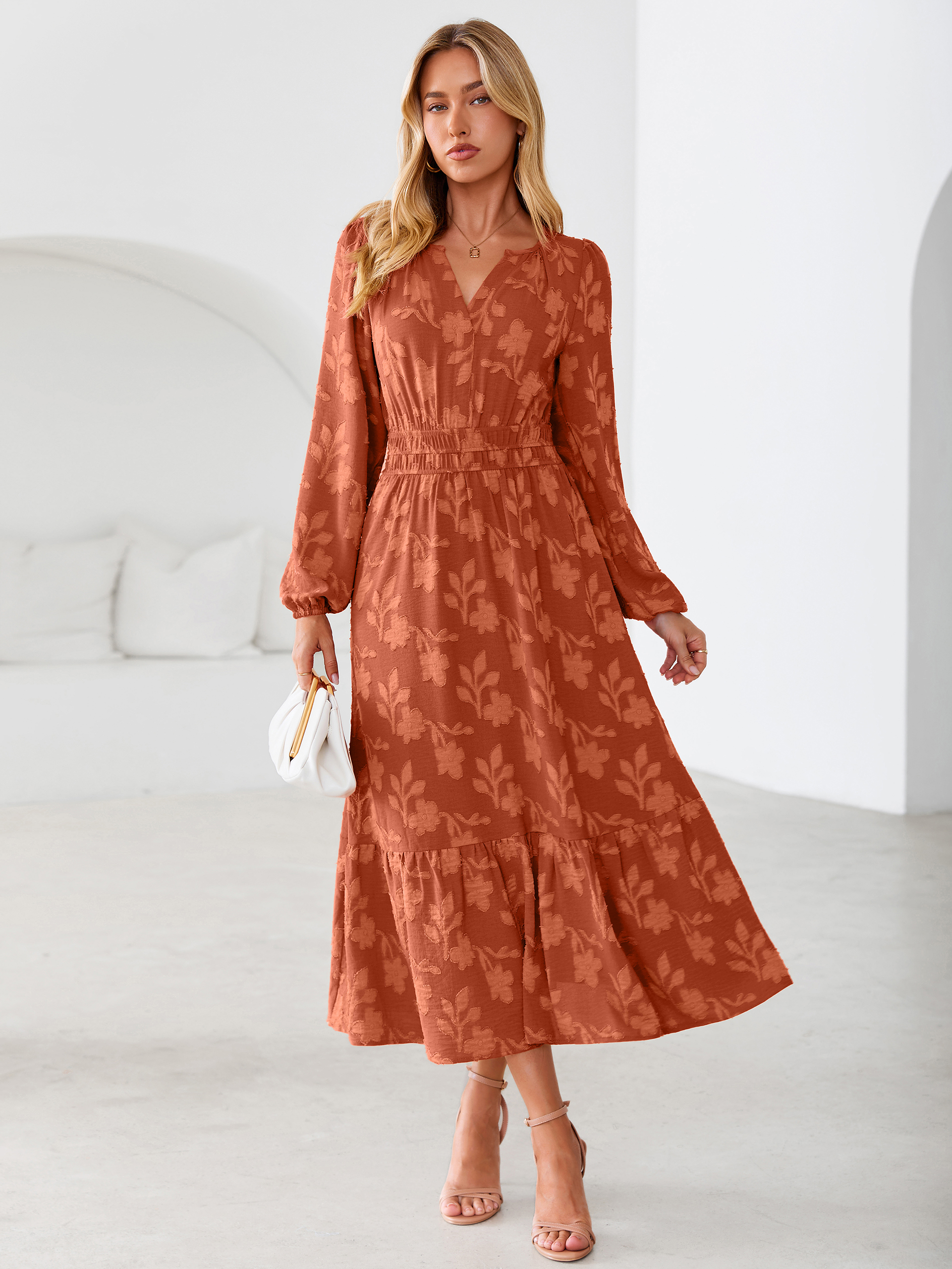 Floral Burnout V Neck Long Sleeve Maxi Dress