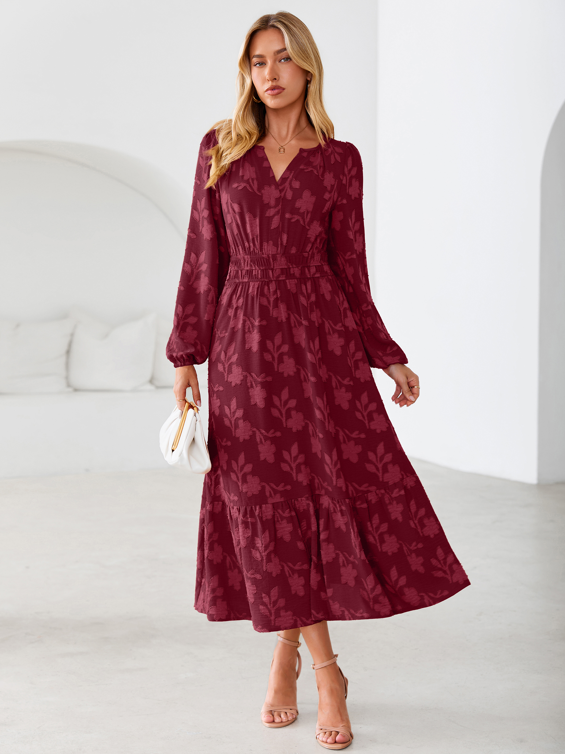 Floral Burnout V Neck Long Sleeve Maxi Dress